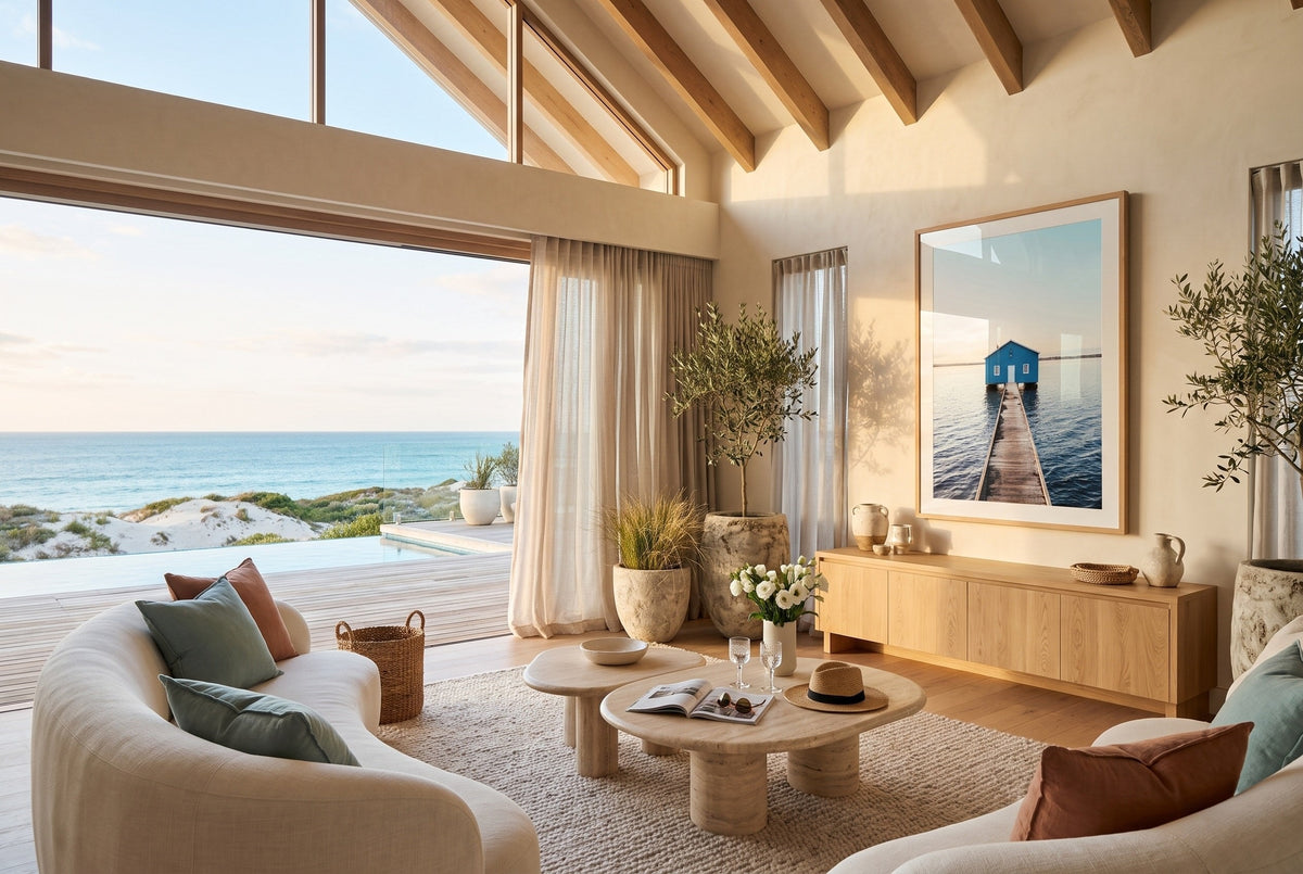 Perth Blue Boathouse framed photography print in a room — Peter Yan Studio