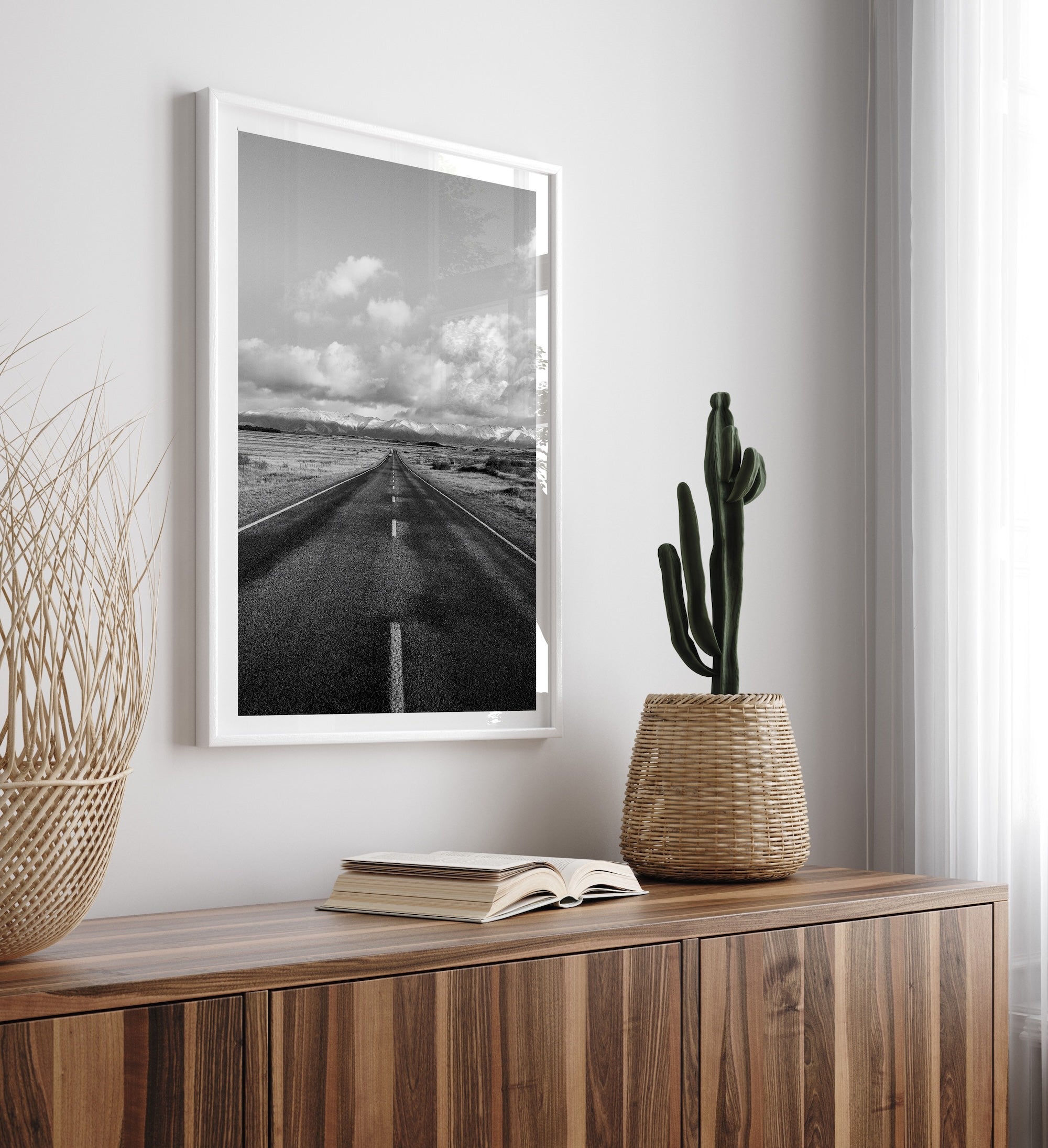 Road to the snowy mountains in black and white