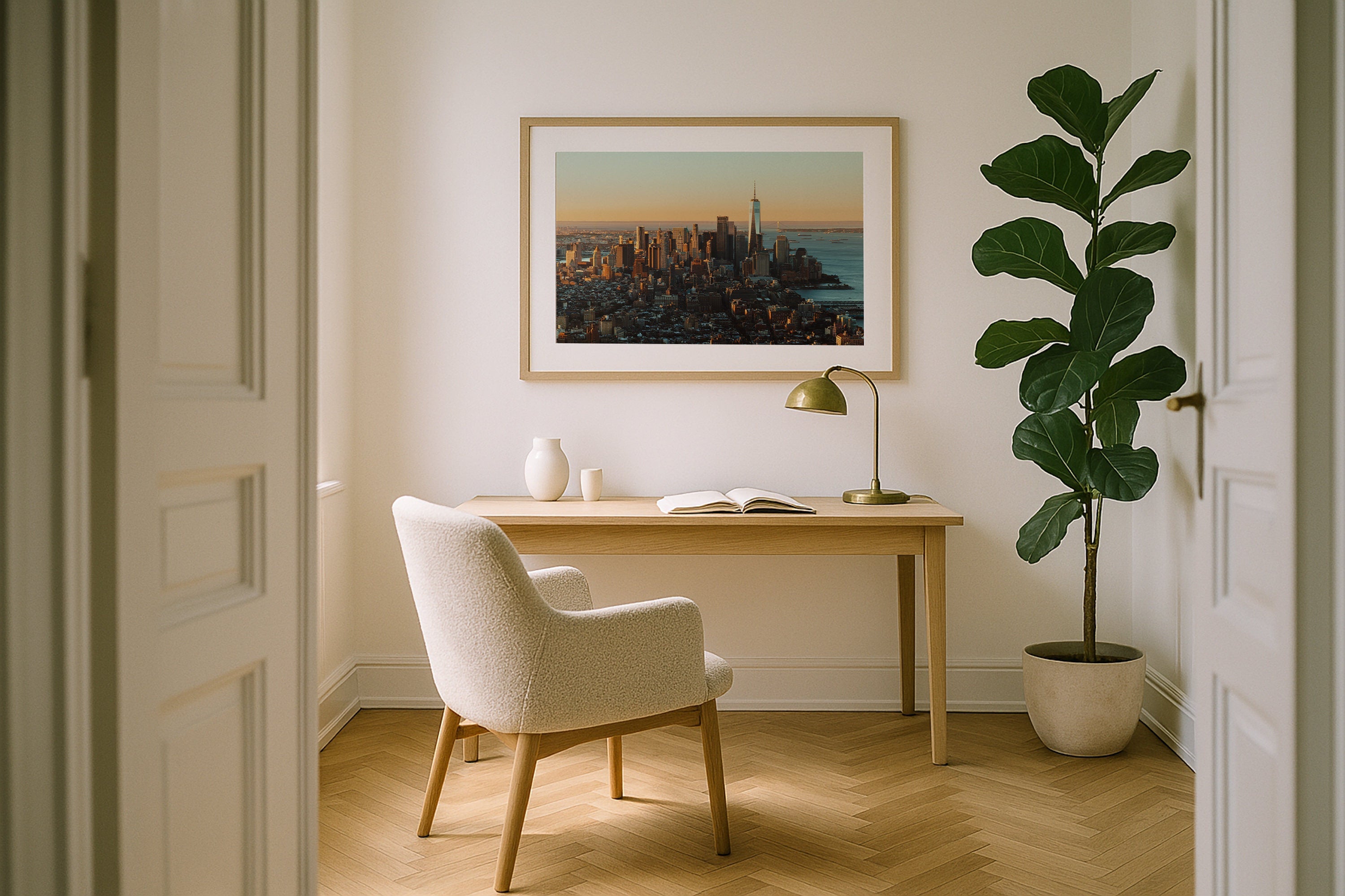 Downtown Manhattan Sunrise II Framed Print - Architecture by Peter Yan Studio