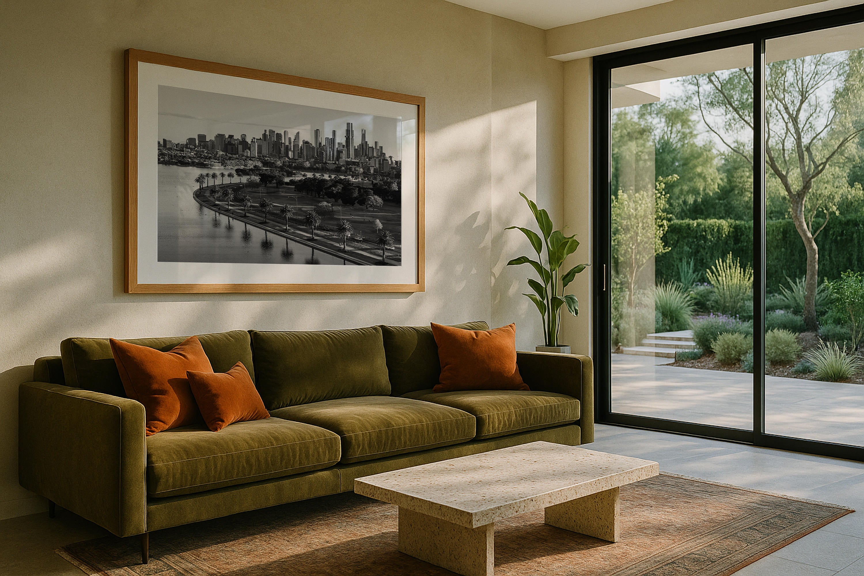 Monochrome Melbourne Skyline over Albert Park II Framed Print - Australia by Peter Yan Studio
