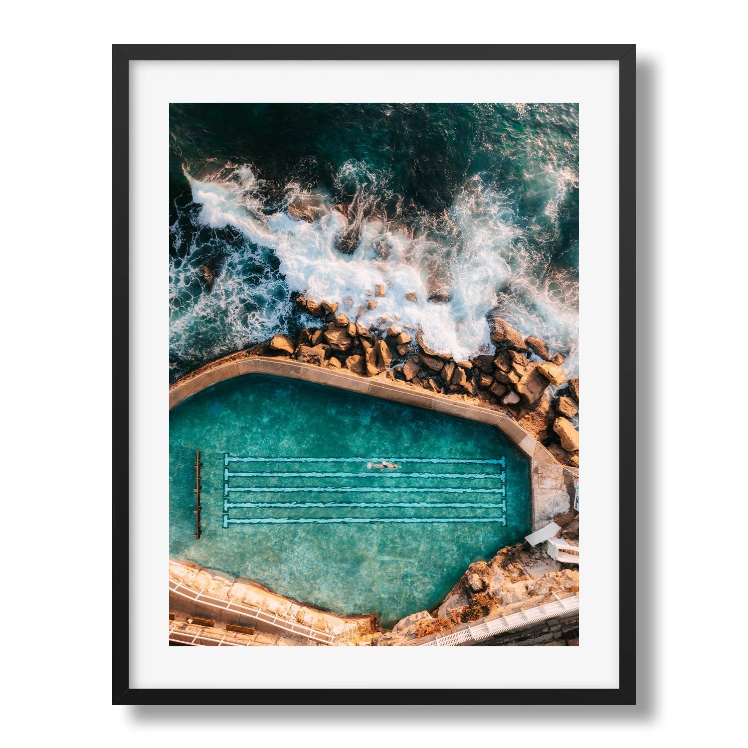 Sydney Bronte Rock Pool Swimmer Framed Print - Aerial by Peter Yan Studio
