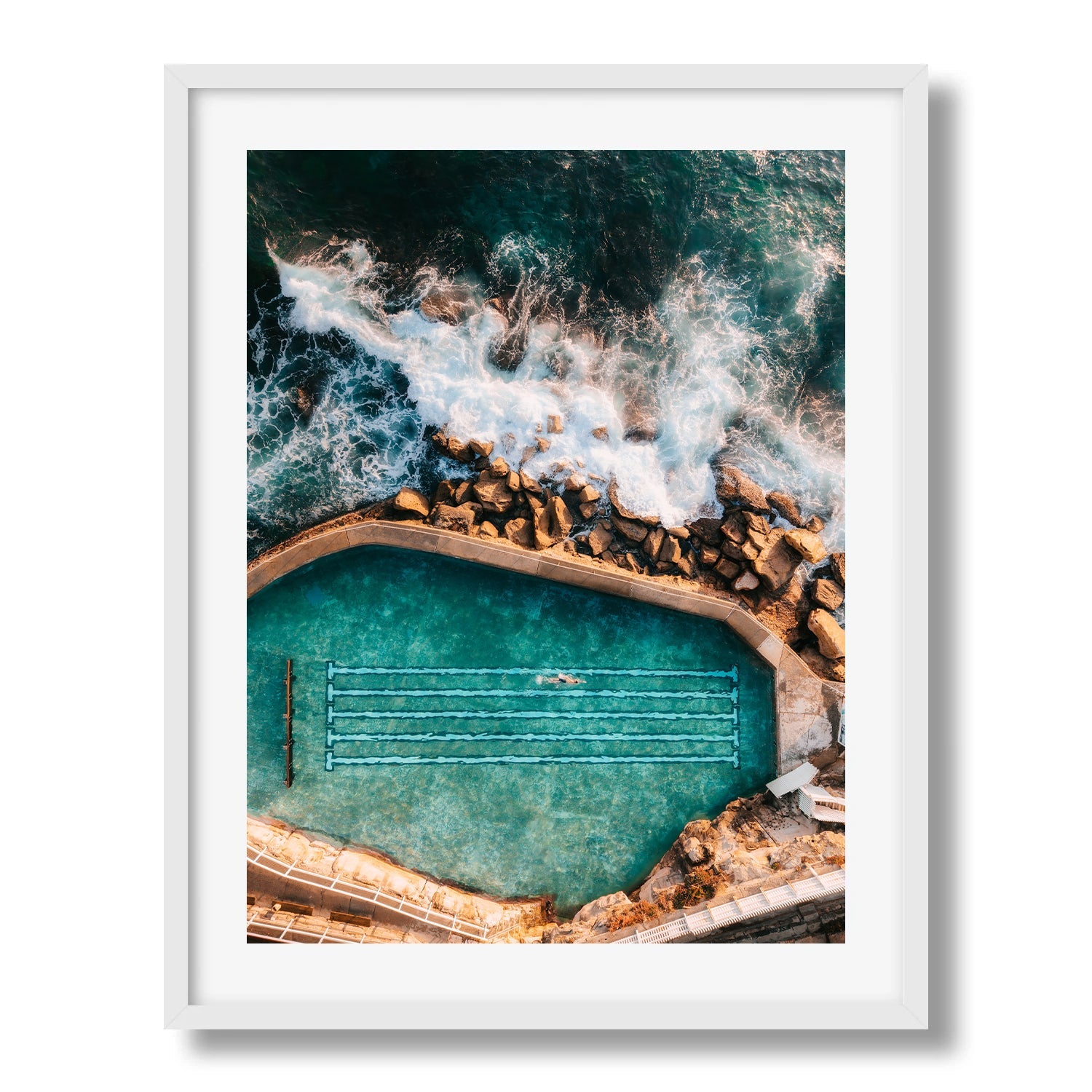 Sydney Bronte Rock Pool Swimmer Framed Print - Aerial by Peter Yan Studio