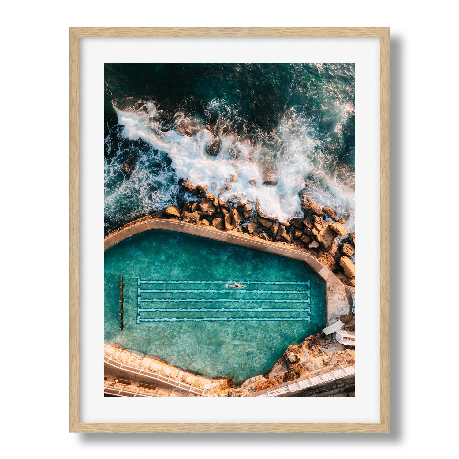 Sydney Bronte Rock Pool Swimmer Framed Print - Aerial by Peter Yan Studio