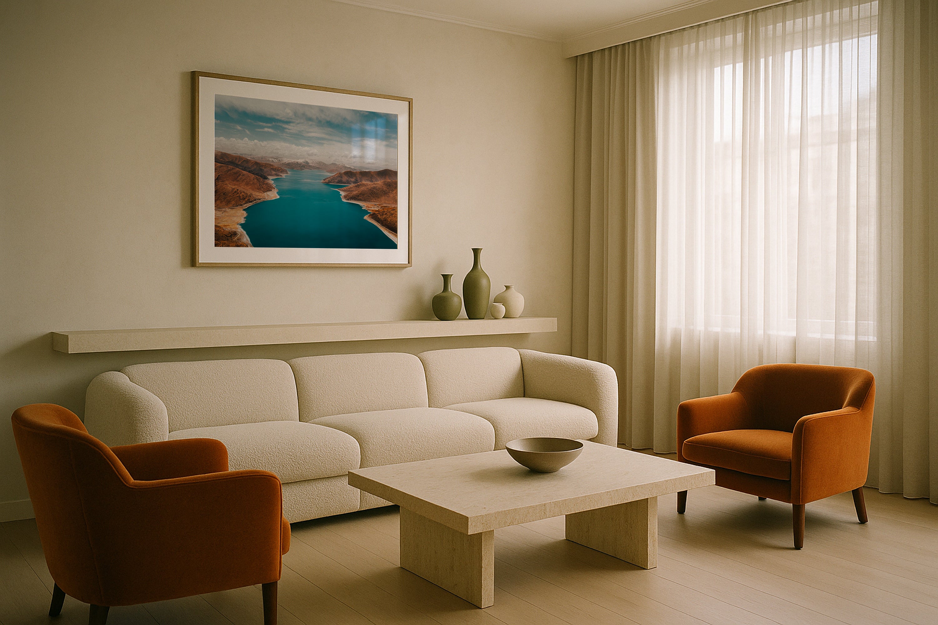 Turquoise Waters of Yamdrok Lake, Tibet Framed Print - Aerial by Peter Yan Studio