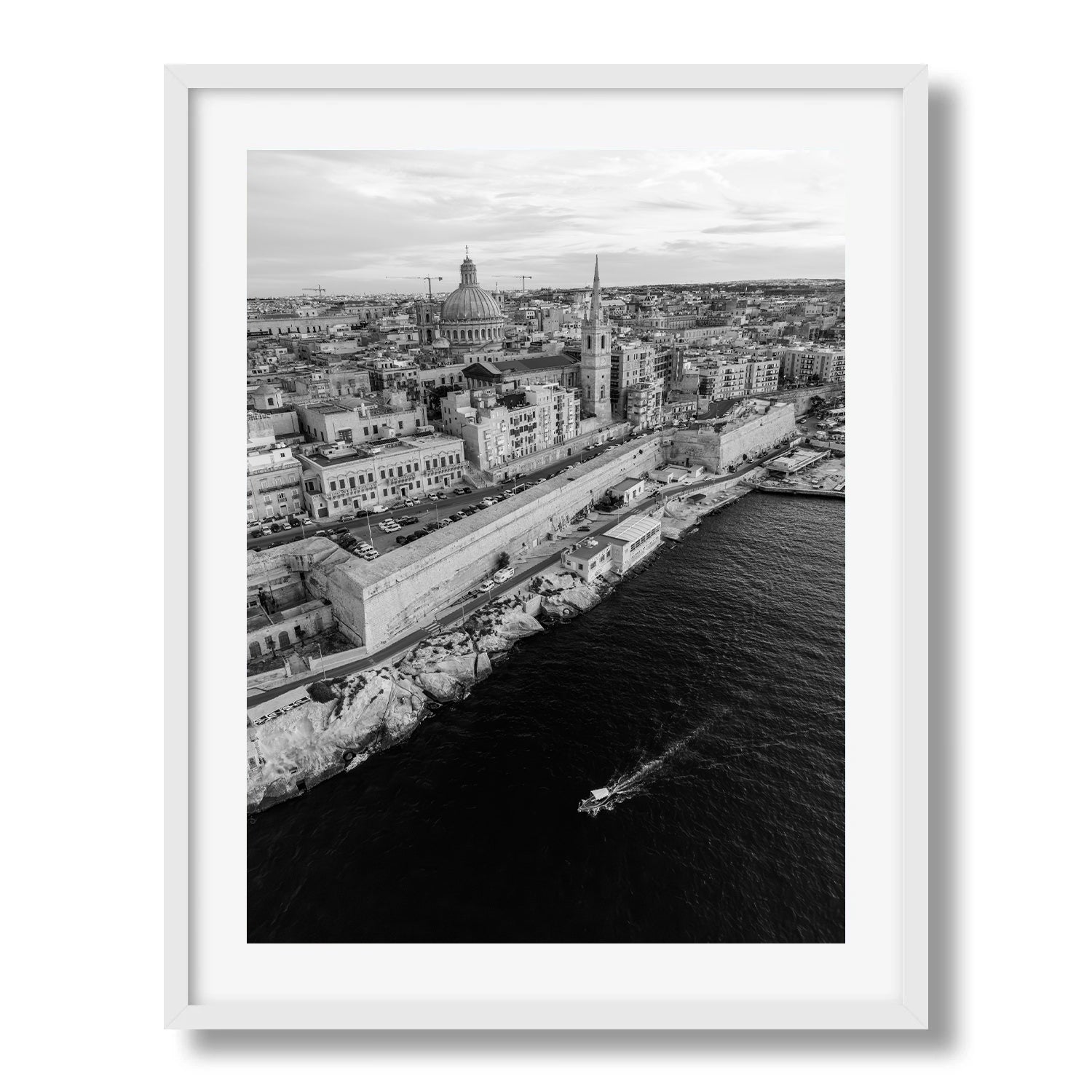 Valletta from Above – Monochrome Coastline Framed Print - Aerial by Peter Yan Studio