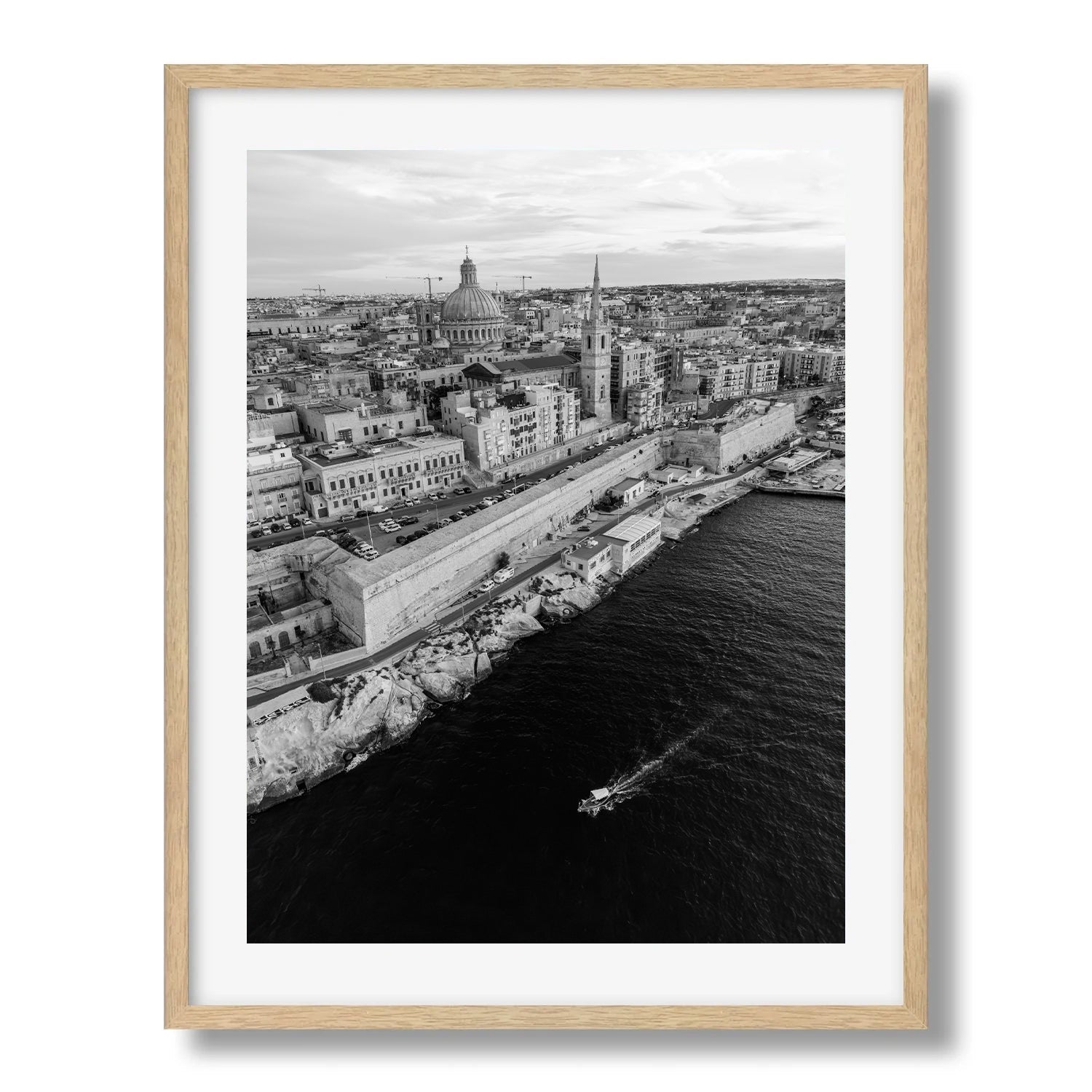 Valletta from Above – Monochrome Coastline Framed Print - Aerial by Peter Yan Studio