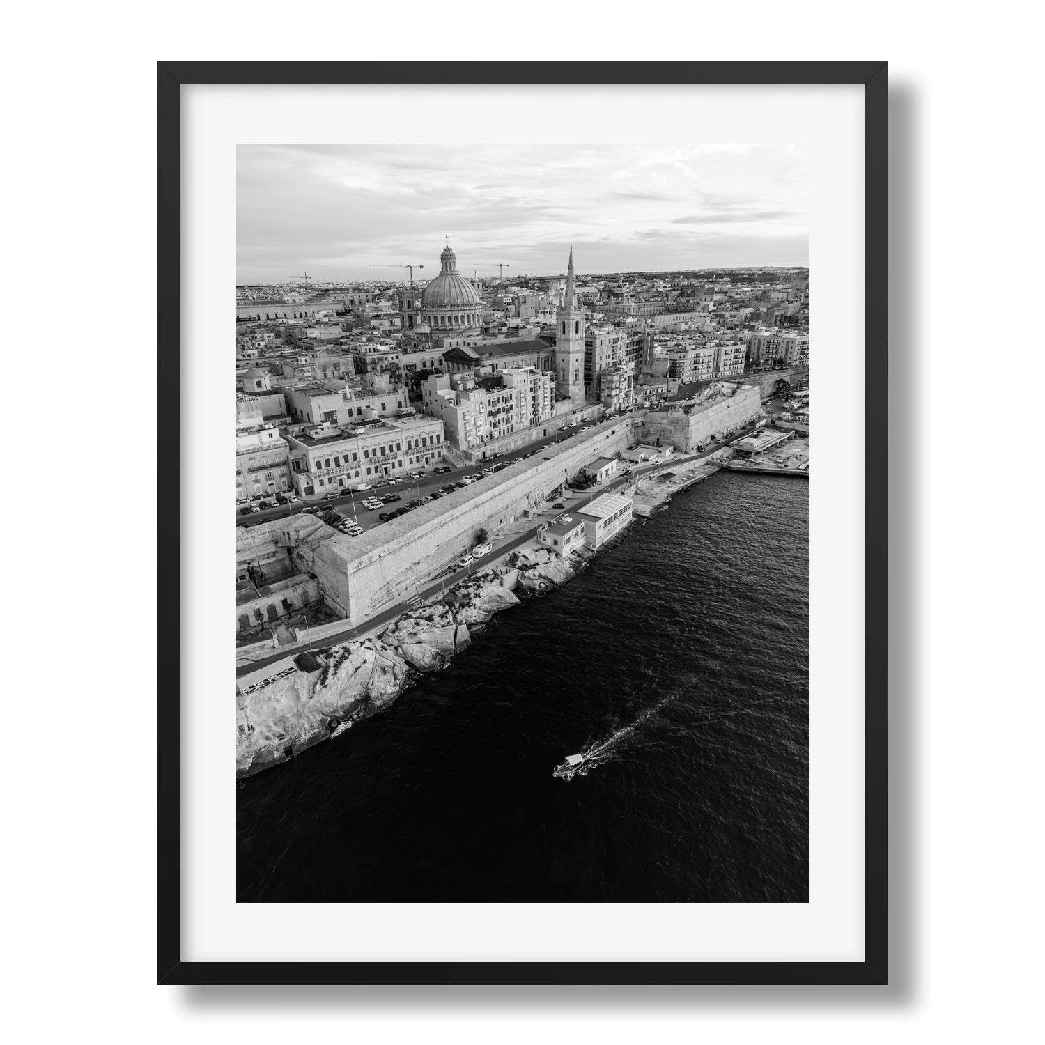 Valletta from Above – Monochrome Coastline Framed Print - Aerial by Peter Yan Studio