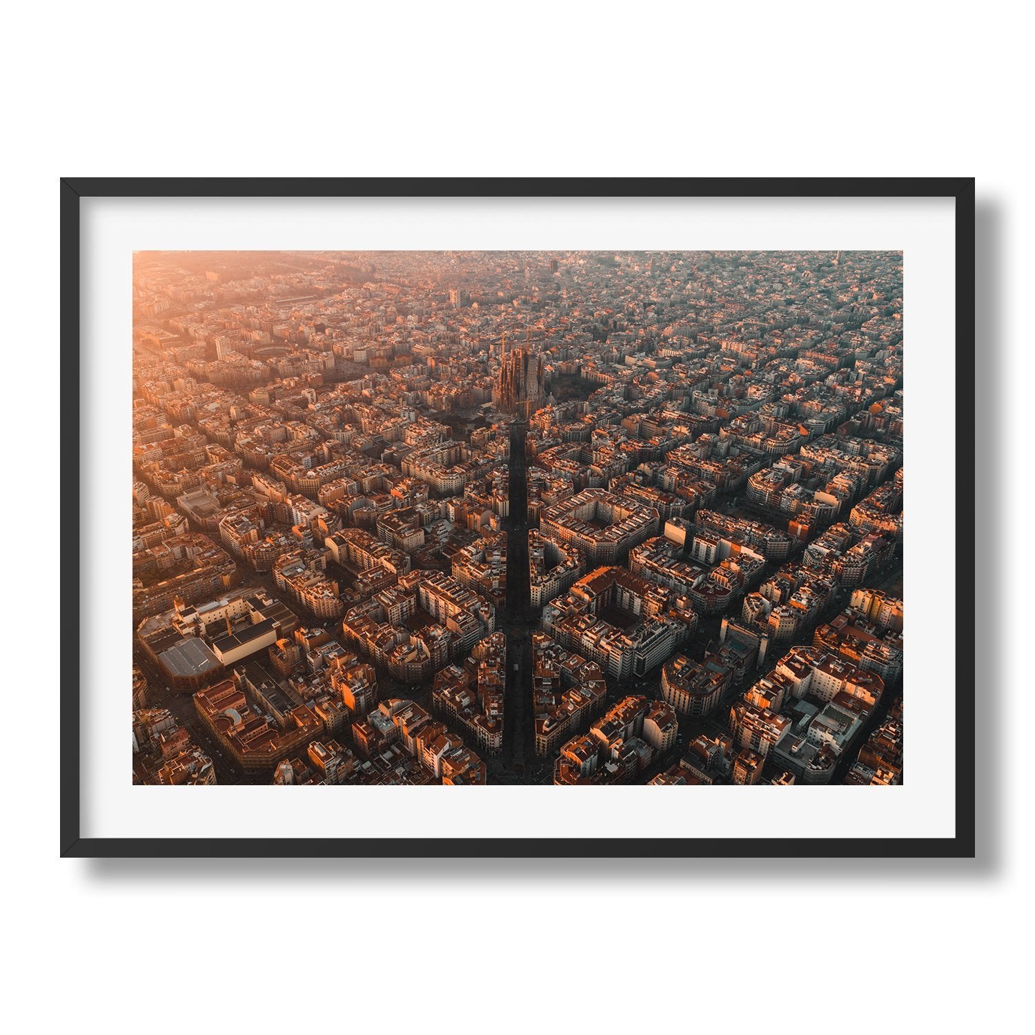 Barcelona Sunrise Framed Print - Aerial by Peter Yan Studio