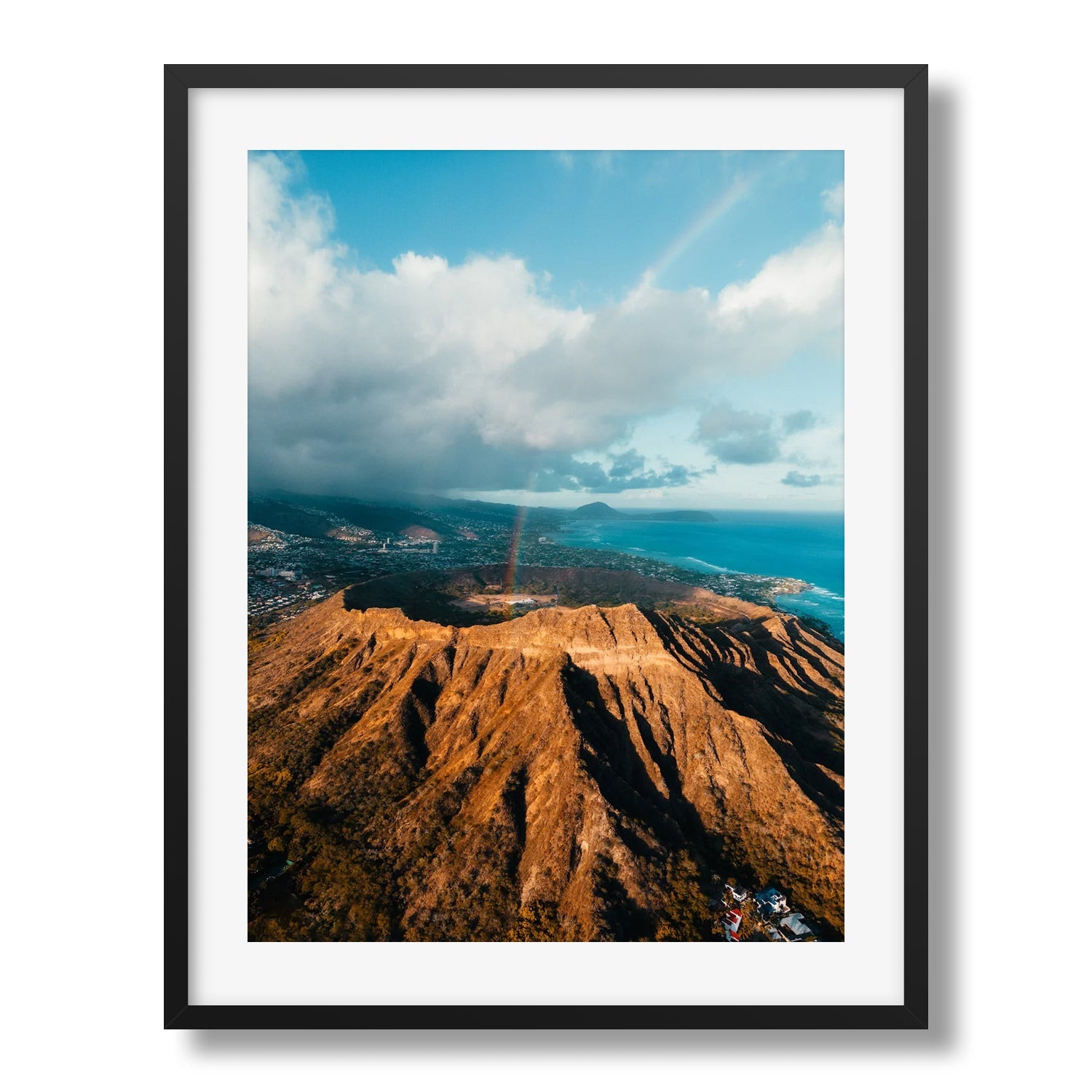 Diamond Head Rainbow Framed Print - Aerial by Peter Yan Studio