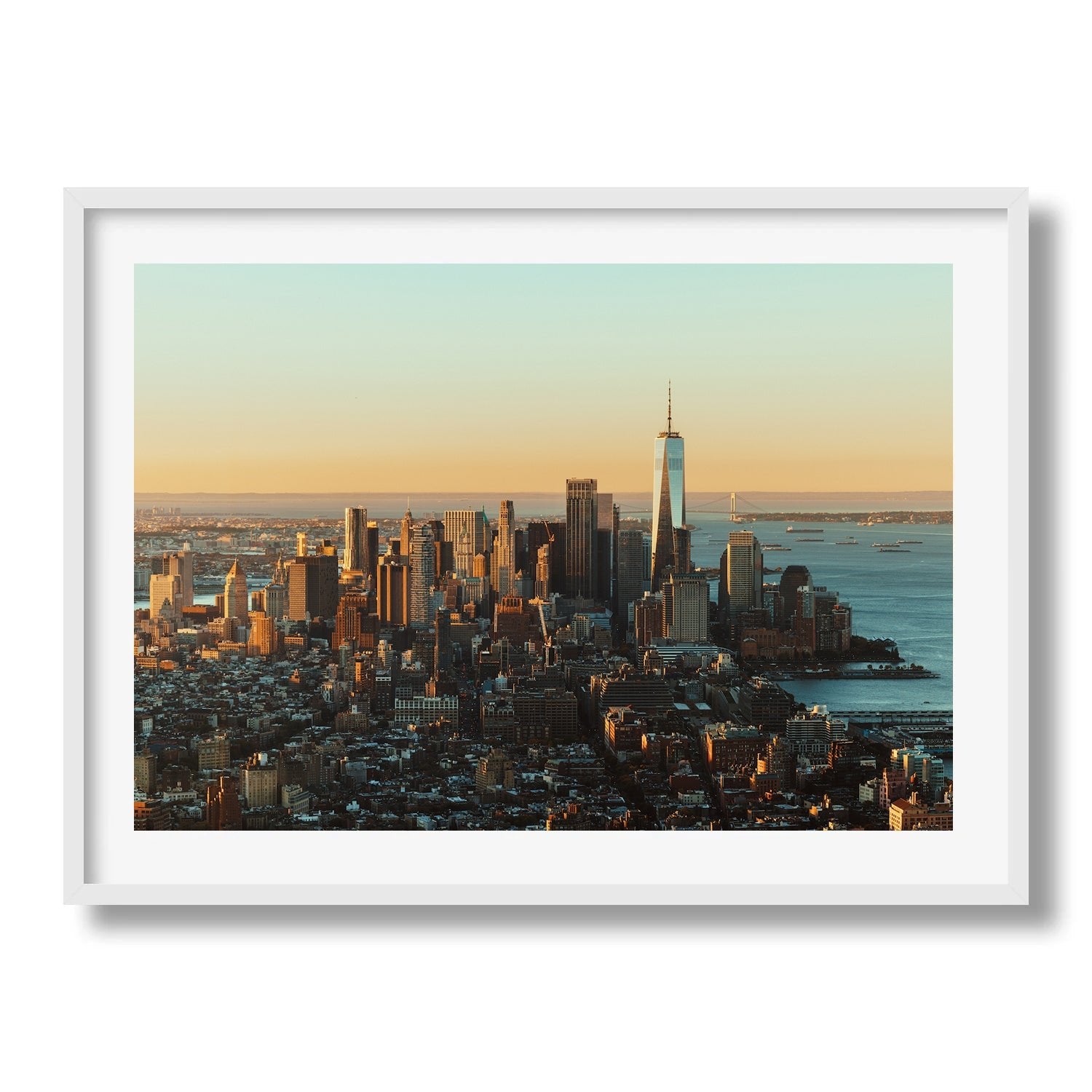 Downtown Manhattan Sunrise II Framed Print - Architecture by Peter Yan Studio