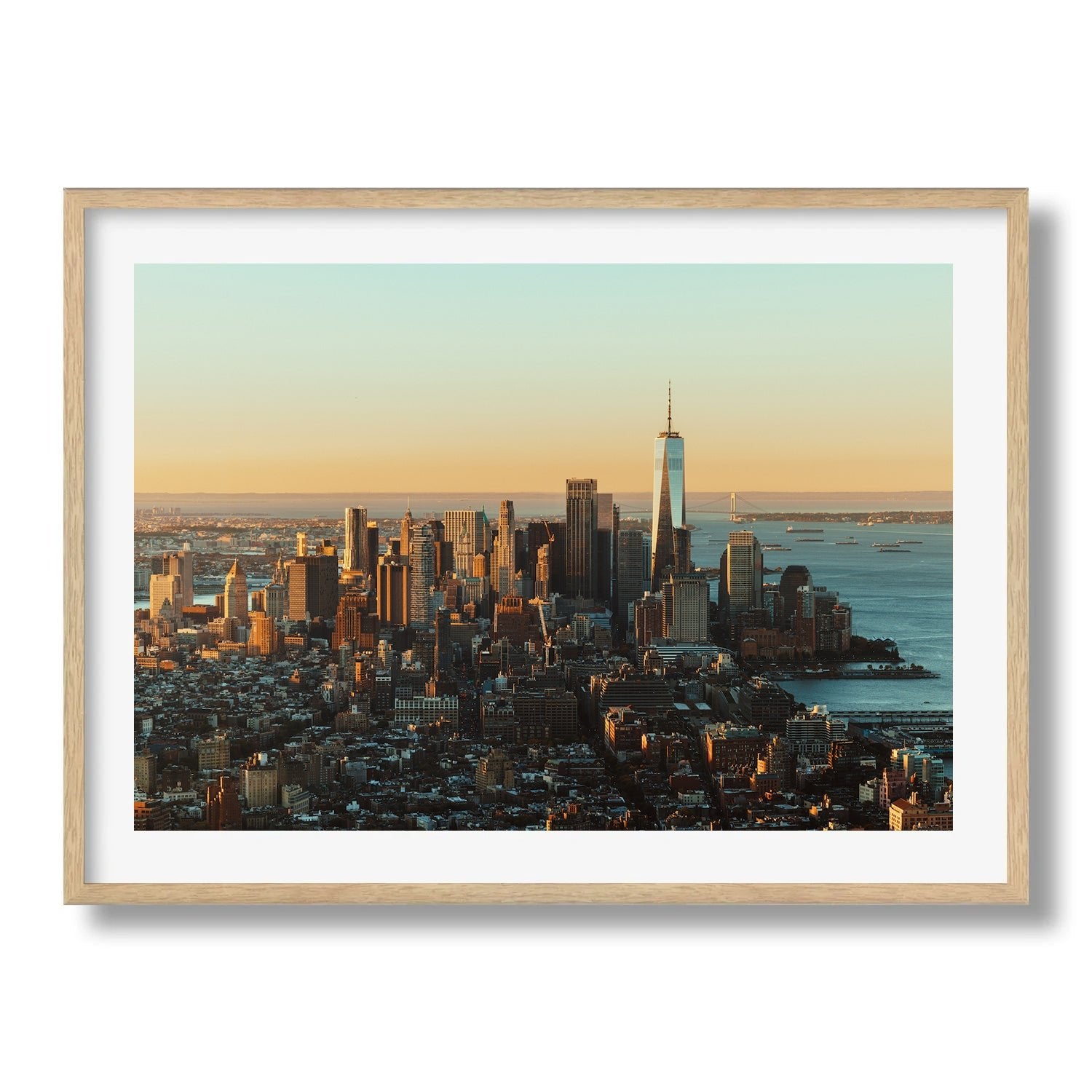 Downtown Manhattan Sunrise II Framed Print - Architecture by Peter Yan Studio