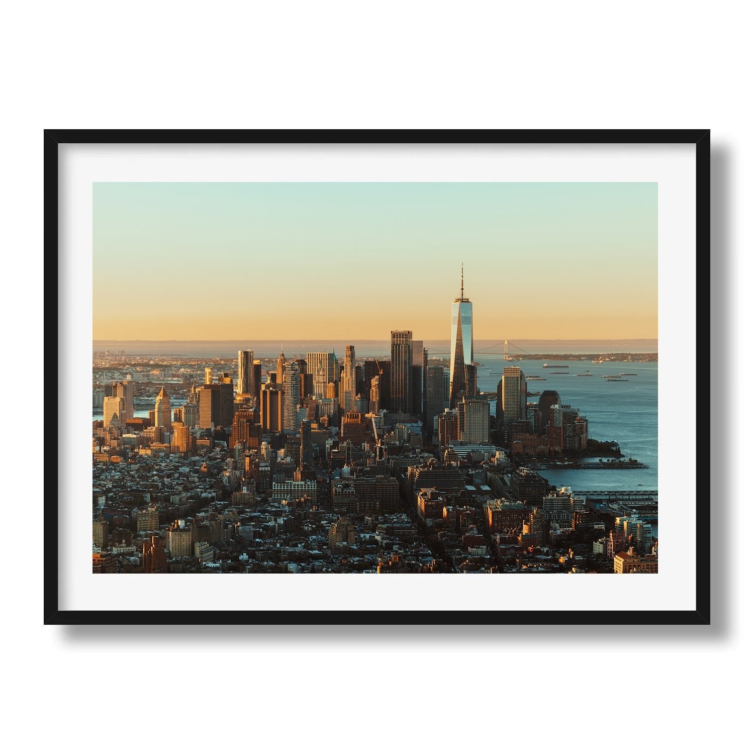 Downtown Manhattan Sunrise II Framed Print - Architecture by Peter Yan Studio