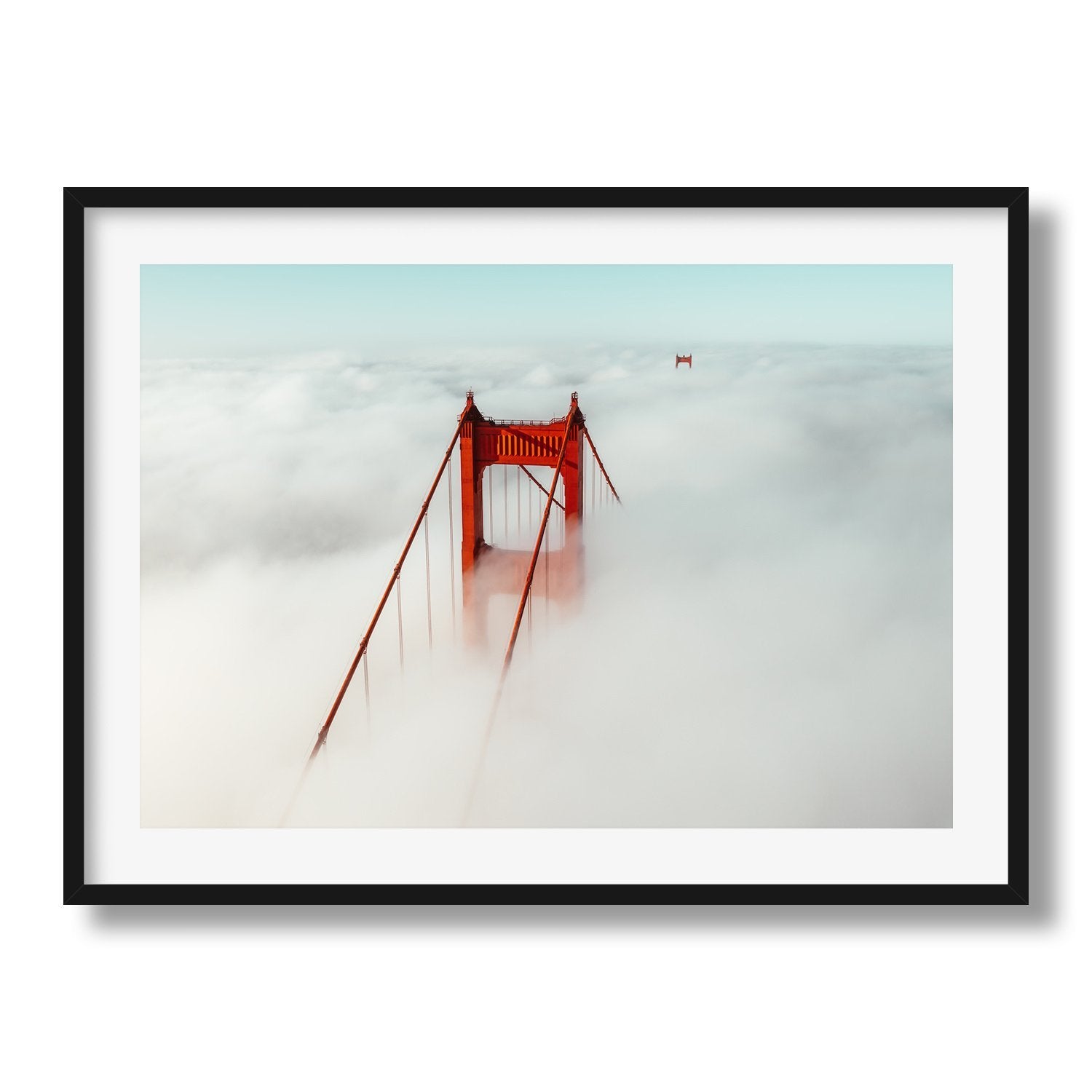 Golden Gate Bridge Through The Fog Framed Print - Aerial by Peter Yan Studio