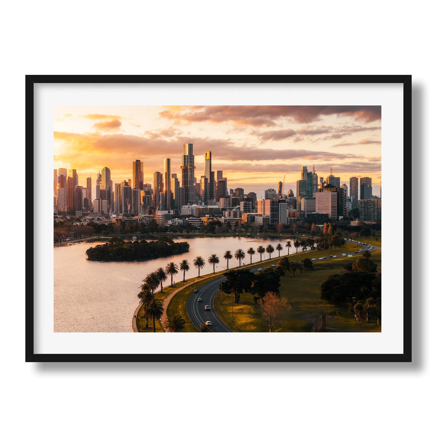 Melbourne Albert Park Sunset Framed Print - Aerial by Peter Yan Studio