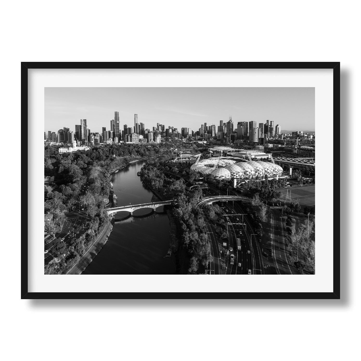 Melbourne Park and Yarra River Black & White Framed Print - Architecture by Peter Yan Studio