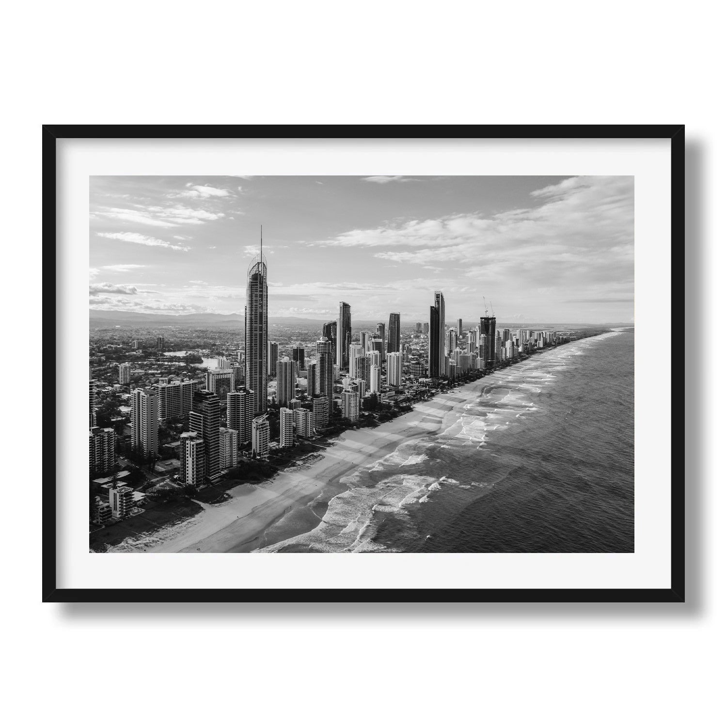 Surface Paradise Skyline Black & White Framed Print - Aerial by Peter Yan Studio