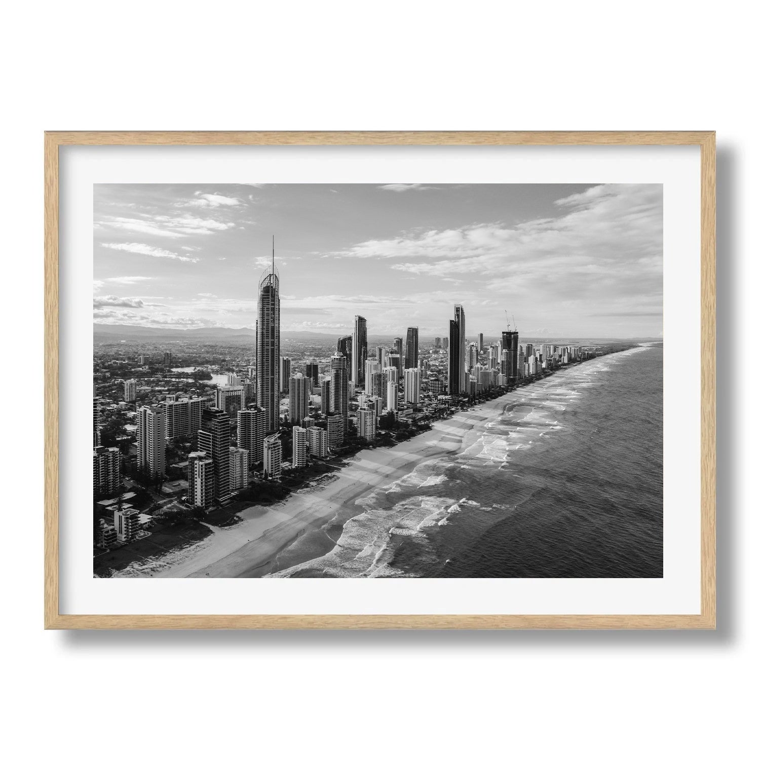 Surface Paradise Skyline Black & White Framed Print - Aerial by Peter Yan Studio