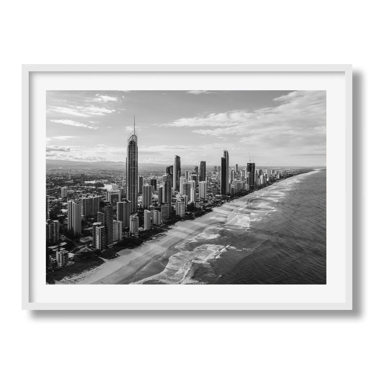 Surface Paradise Skyline Black & White Framed Print - Aerial by Peter Yan Studio