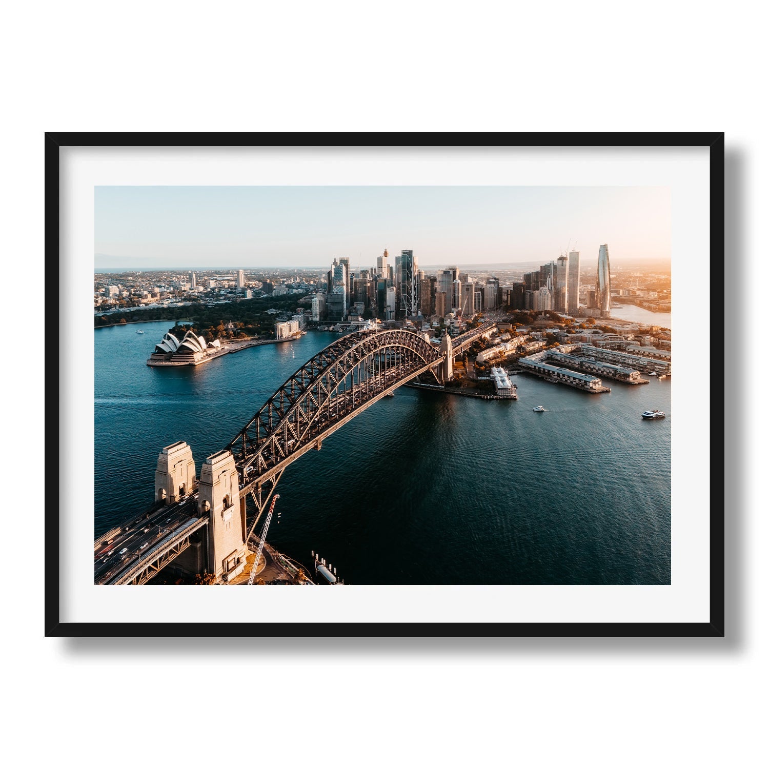 Sydney Harbour Sunset Framed Print - Aerial by Peter Yan Studio