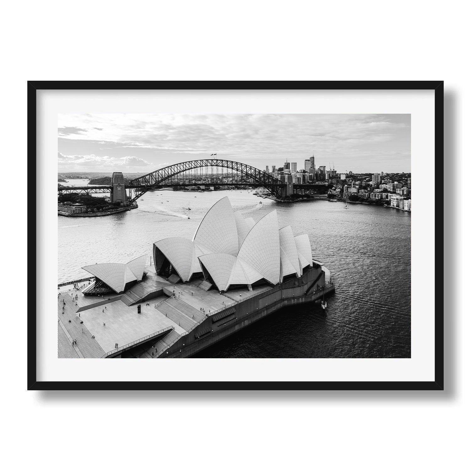 Sydney Opera House and Harbour Bridge Black & White Framed Print - Aerial by Peter Yan Studio