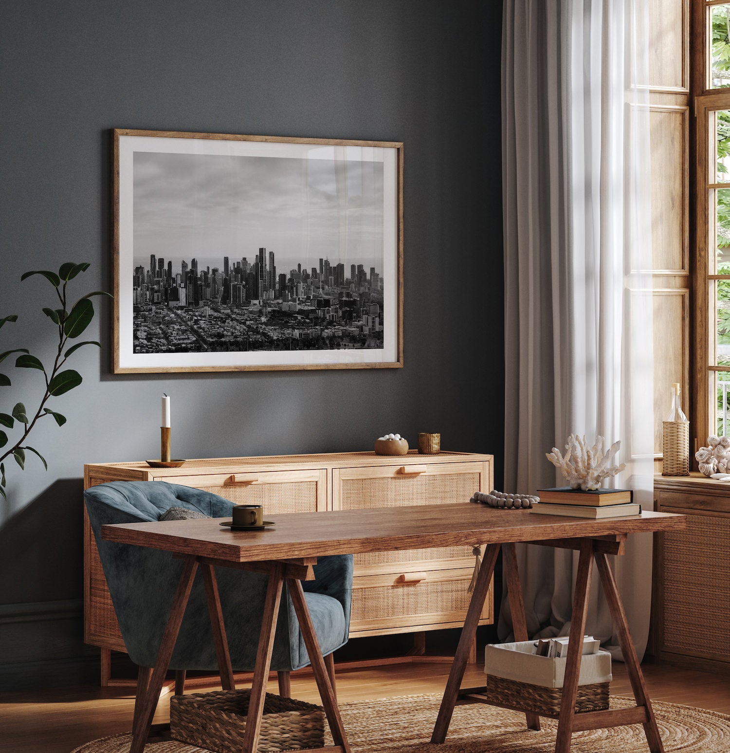 Melbourne Skyline Black & White - Peter Yan Studio Framed Photo Print Wall Art