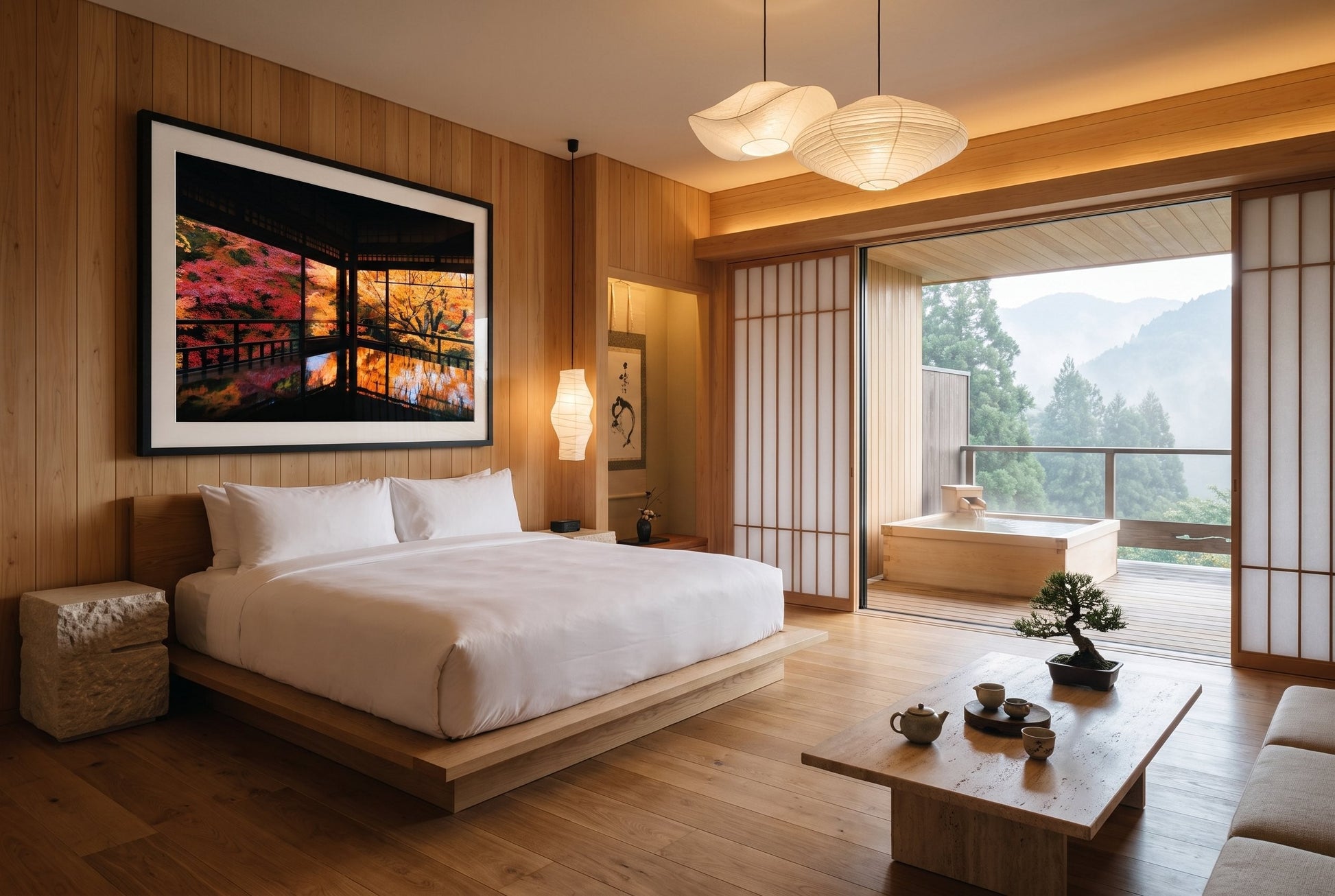 Autumn's Gold: A Japanese Garden Scene I Framed Print - Architecture by Peter Yan Studio