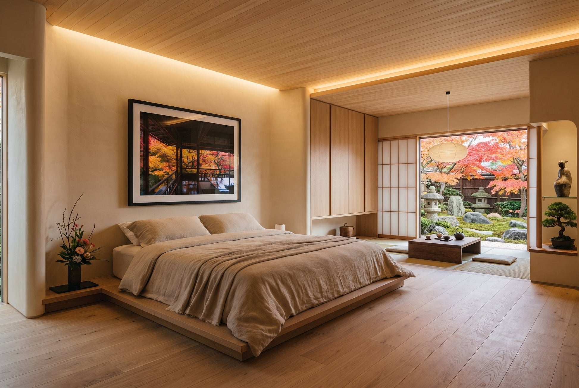 Autumn's Gold: A Japanese Garden Scene III Framed Print - Architecture by Peter Yan Studio