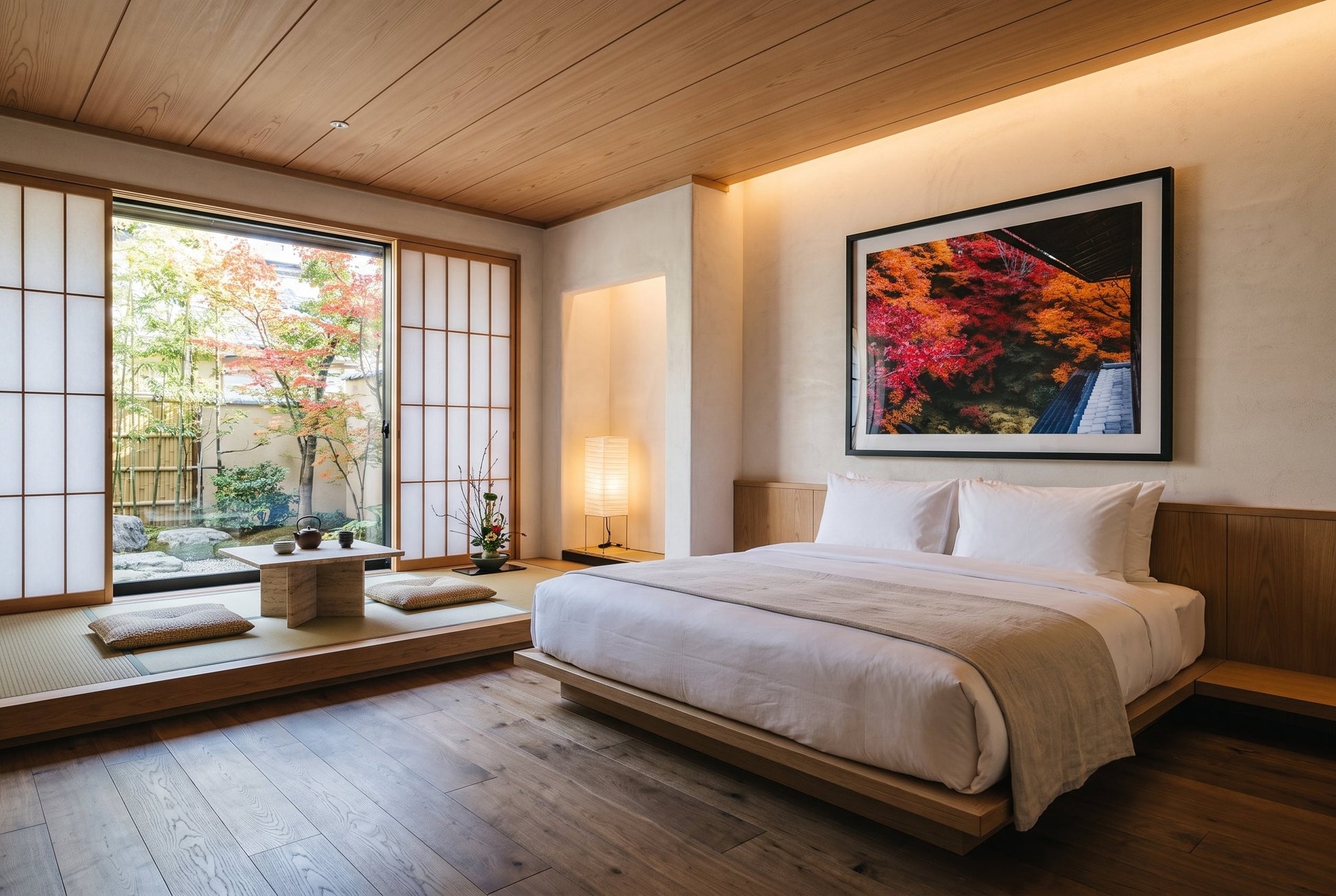 Autumn's Gold: A Japanese Garden Scene IV Framed Print - Architecture by Peter Yan Studio