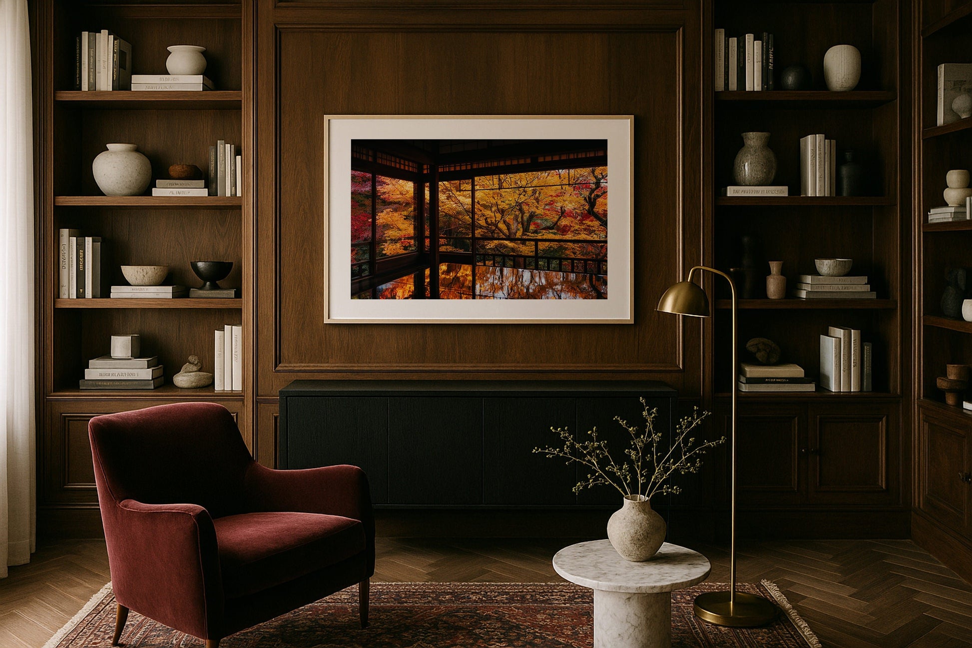 Autumn's Gold: A Japanese Garden Scene V Framed Print - Architecture by Peter Yan Studio