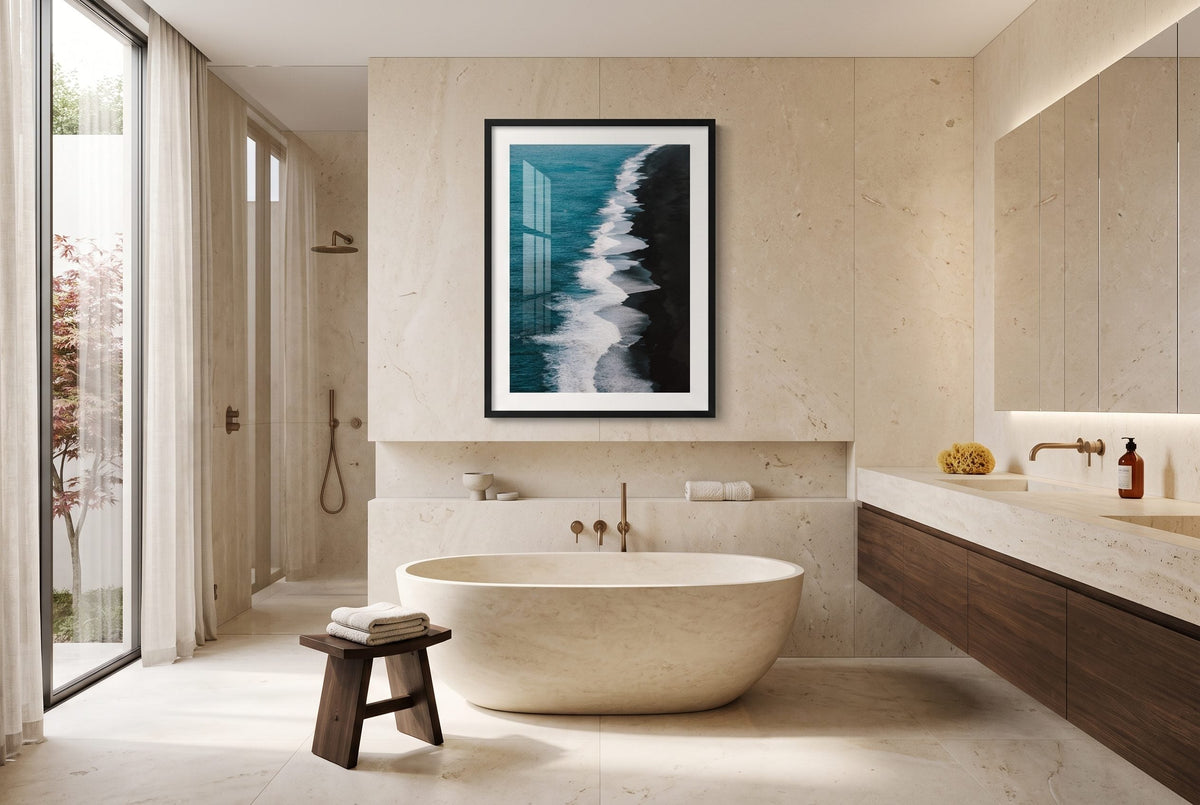 Black Sand Tides Framed Print - Aerial by Peter Yan Studio