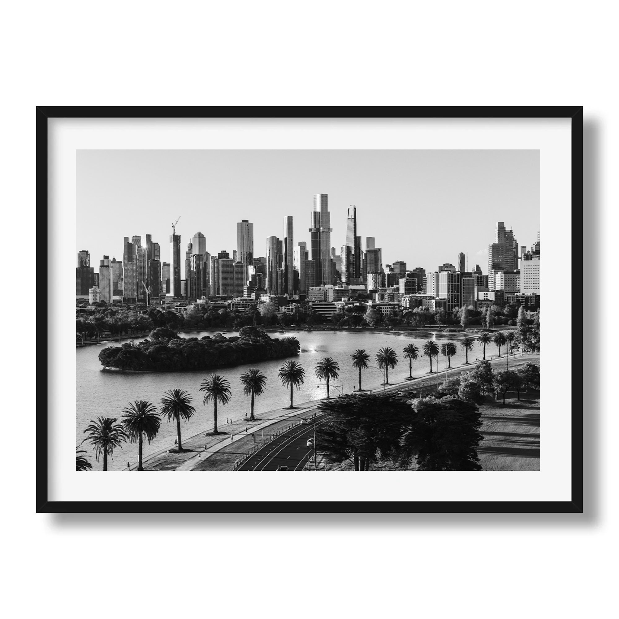 Monochrome Melbourne Skyline over Albert Park