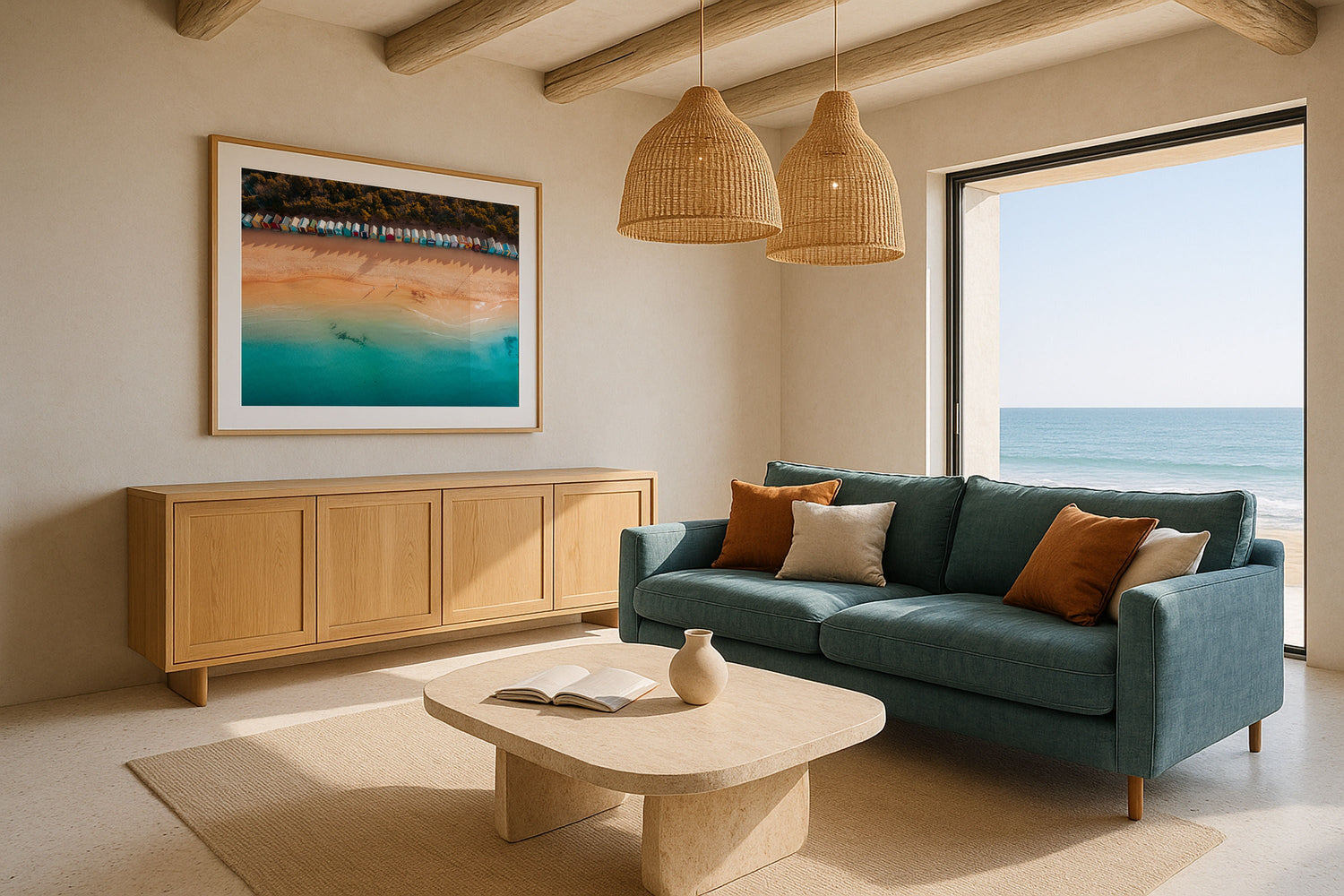 Brighton Beach Bathing Boxes Sunrise Framed Print - Aerial by Peter Yan Studio