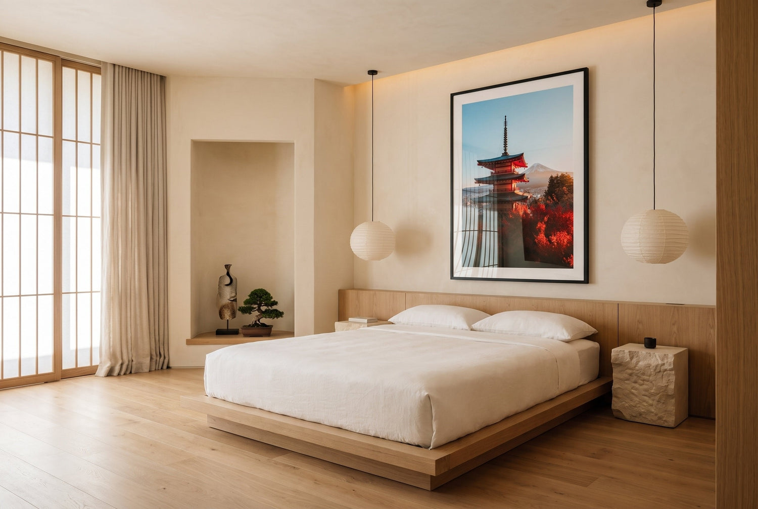 Chureito Pagoda and Mount Fuji in Autumn Glow Framed Print - Architecture by Peter Yan Studio
