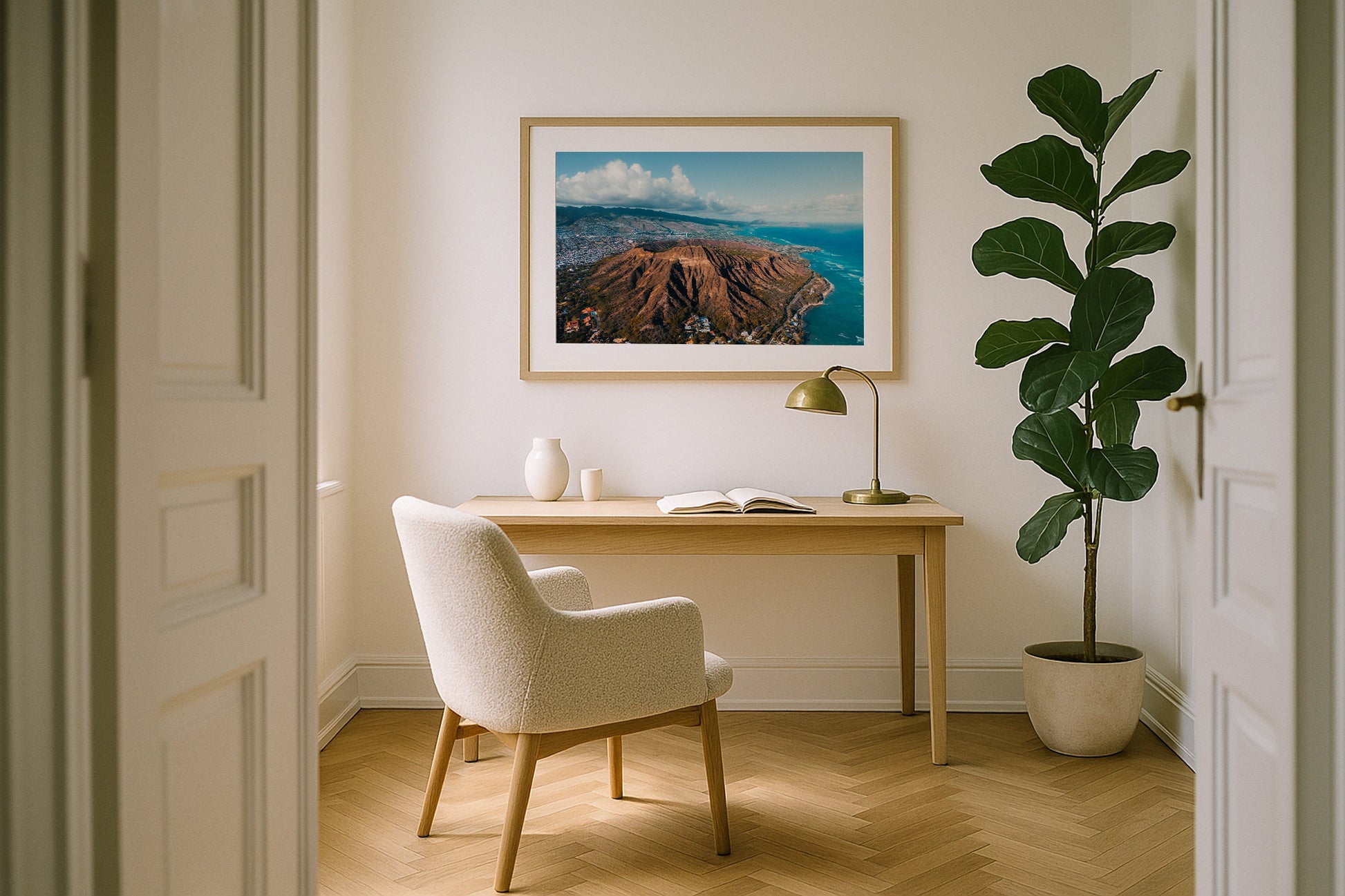 Diamond Head Honolulu Framed Print - Aerial by Peter Yan Studio