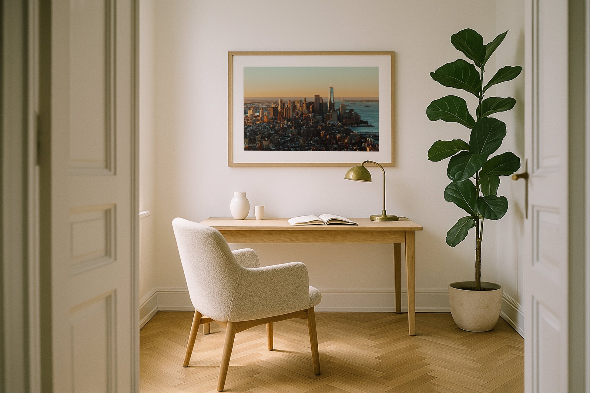 Downtown Manhattan Sunrise II Framed Print - Architecture by Peter Yan Studio