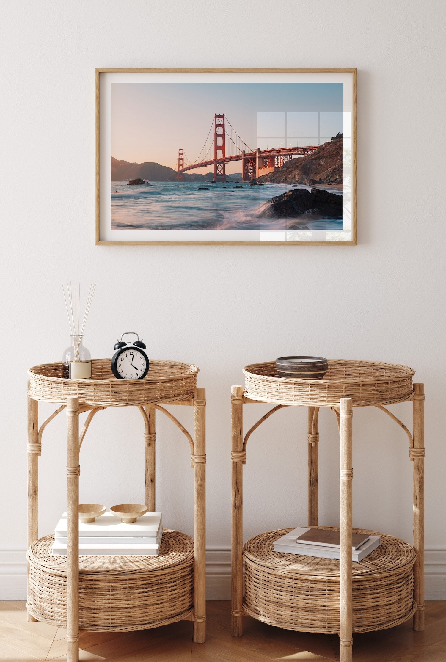 Golden Gate Bridge Sunset Waves Framed Print - Architecture by Peter Yan Studio