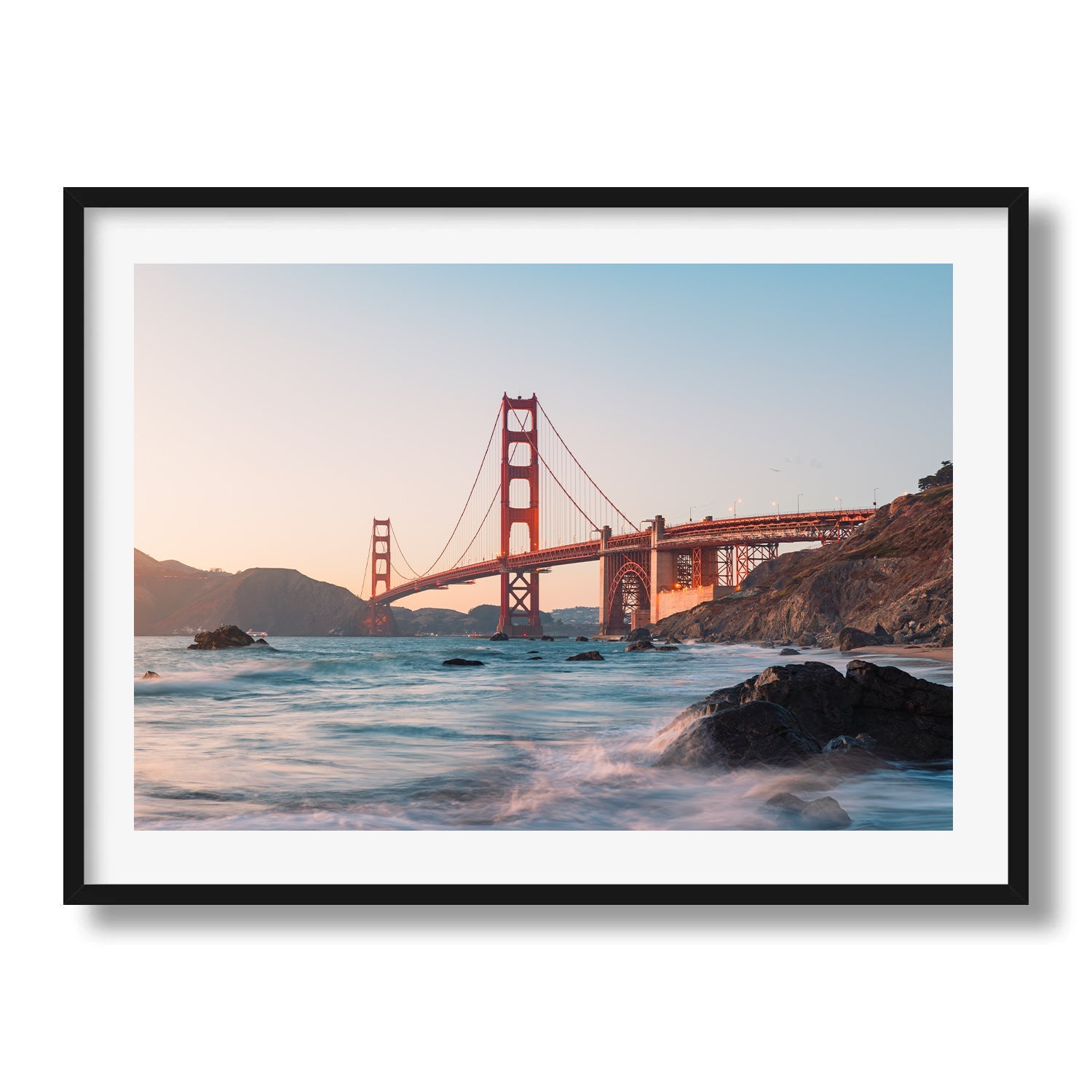 Golden Gate Bridge Sunset Waves Framed Print - Architecture by Peter Yan Studio