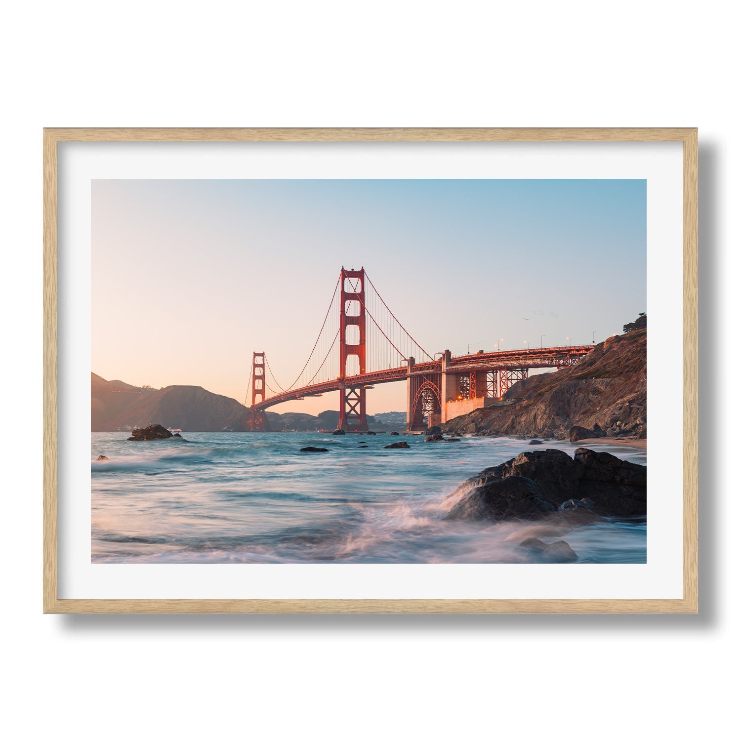 Golden Gate Bridge Sunset Waves Framed Print - Architecture by Peter Yan Studio