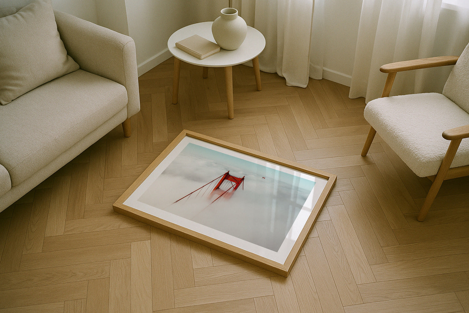 Golden Gate Bridge Through The Fog Framed Print - Aerial by Peter Yan Studio