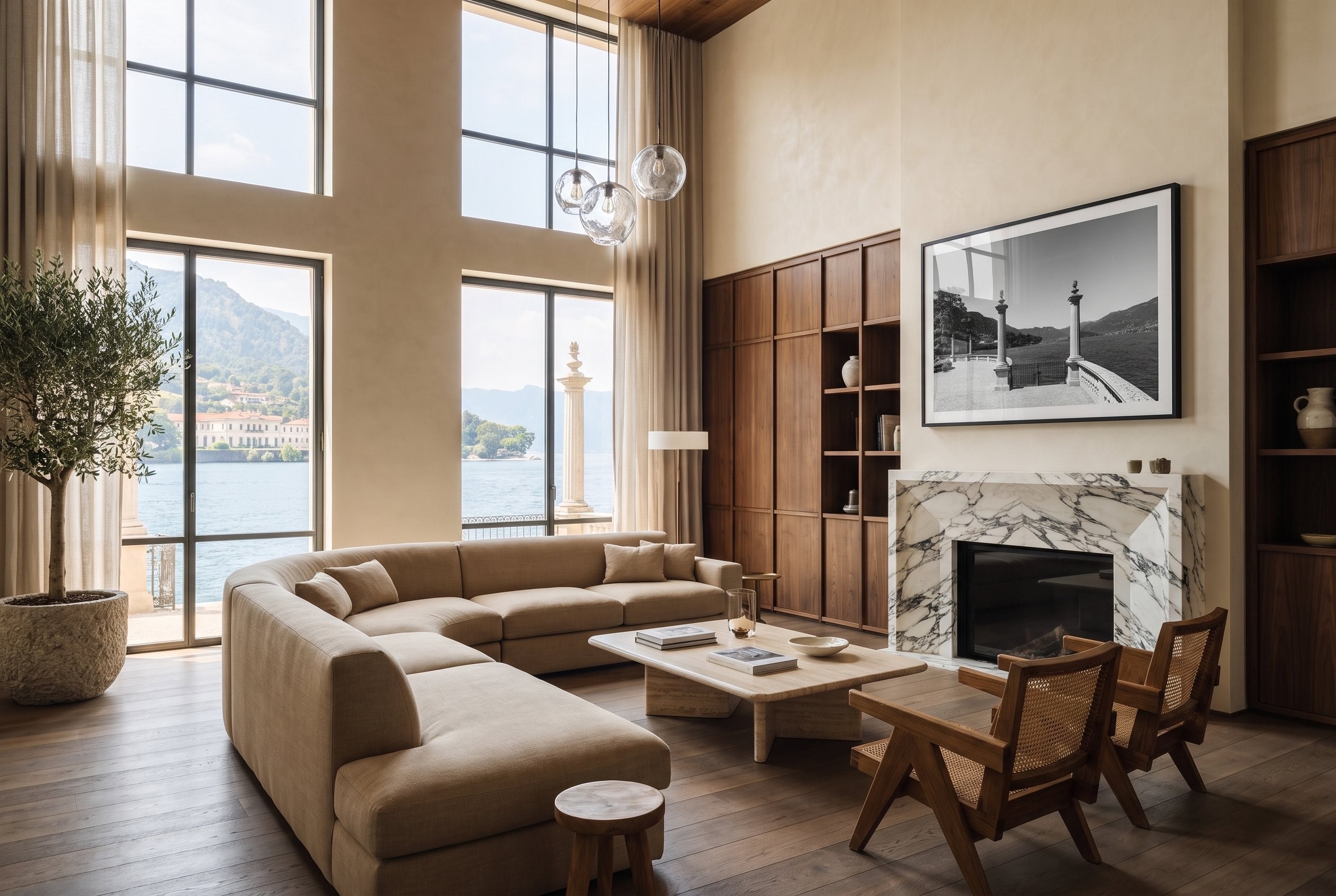 Lake Como Terrace View in Black and White Framed Print - Architecture by Peter Yan Studio