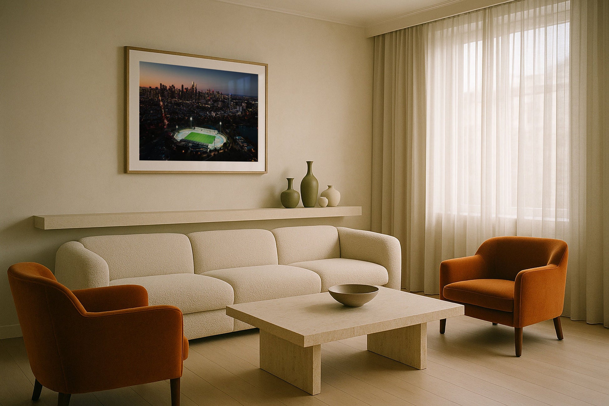 Melbourne Skyline and Lakeside Stadium at Dusk Framed Print - Architecture by Peter Yan Studio