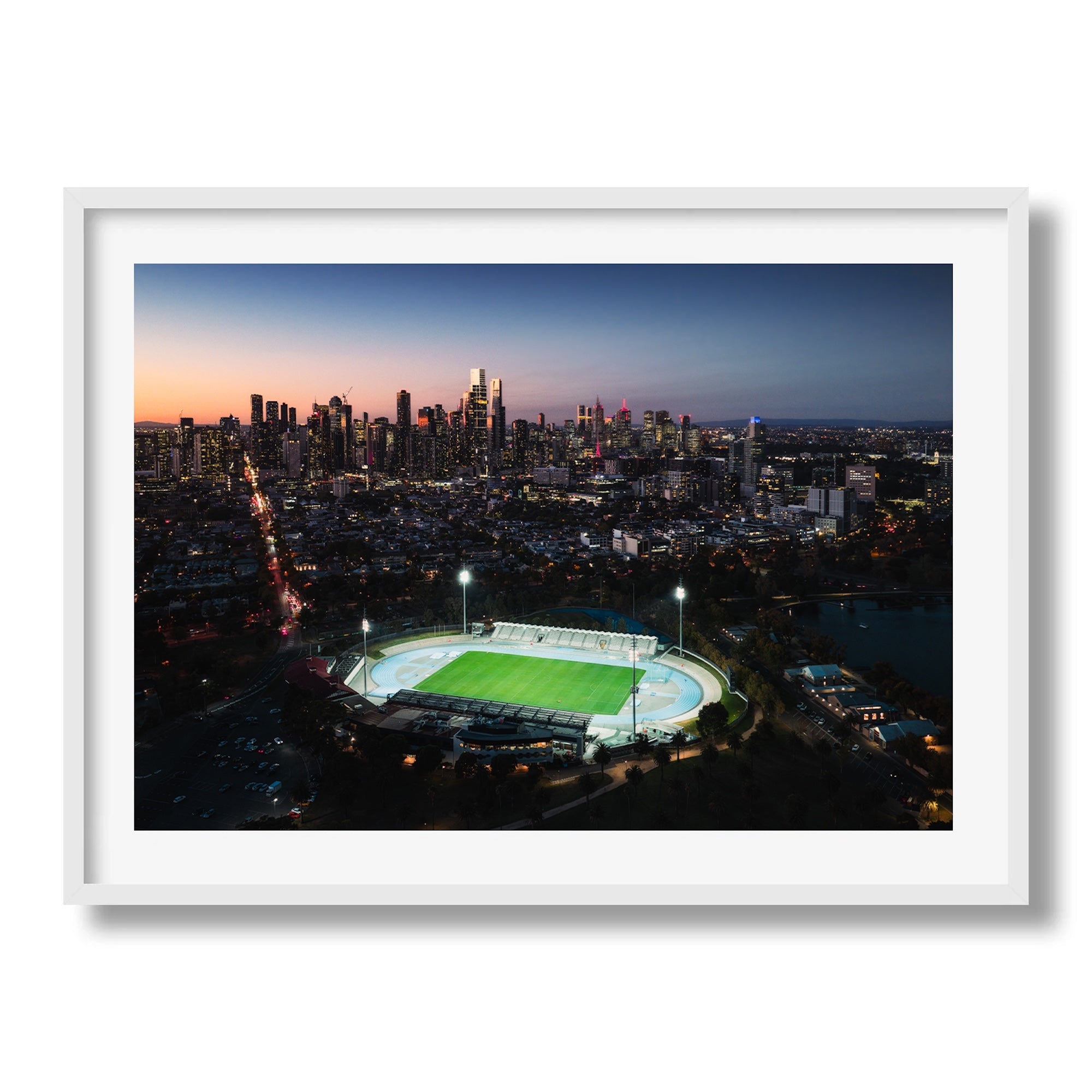 Melbourne Skyline and Lakeside Stadium at Dusk - Peter Yan Studio Framed Photo Print Wall Art