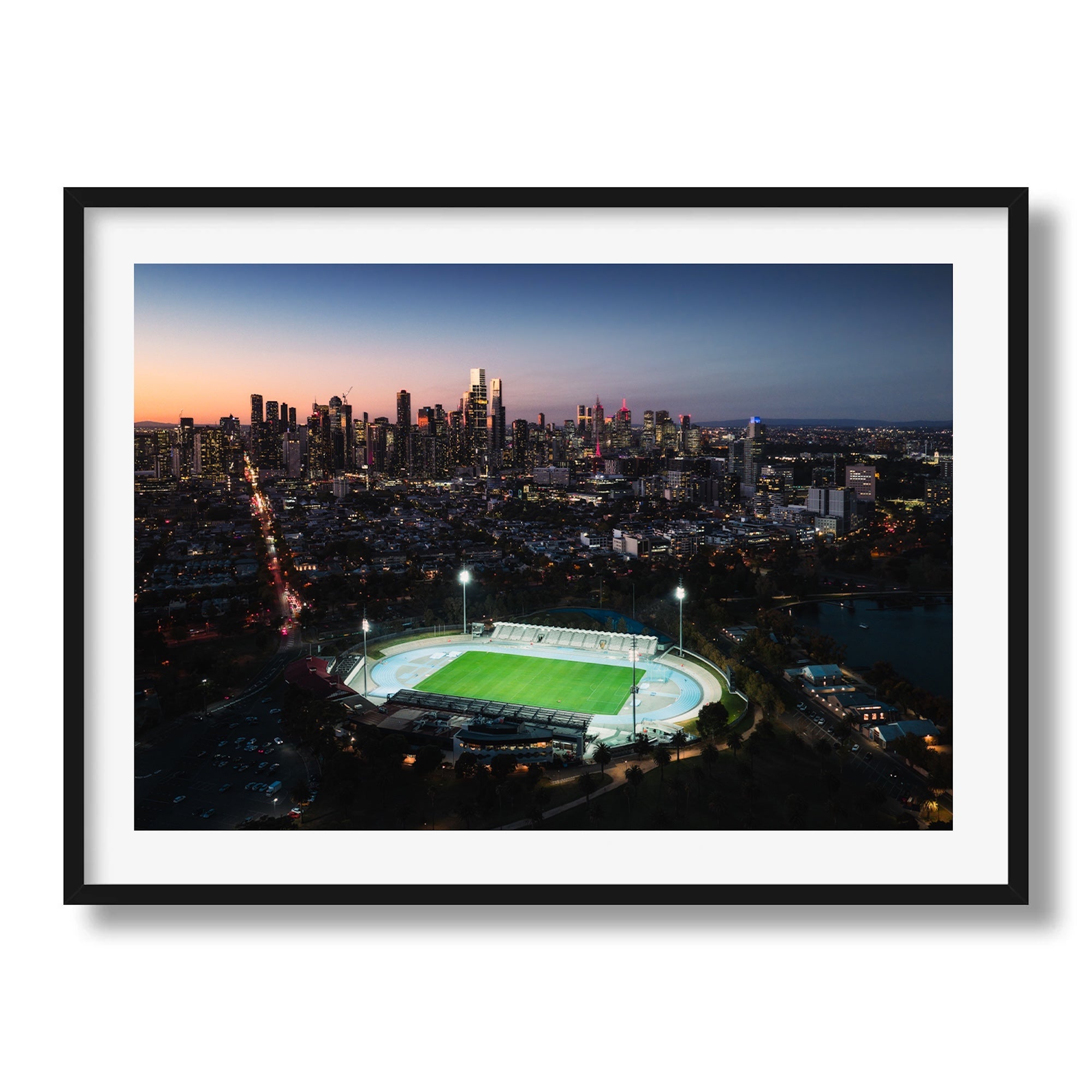 Melbourne Skyline and Lakeside Stadium at Dusk - Peter Yan Studio Framed Photo Print Wall Art