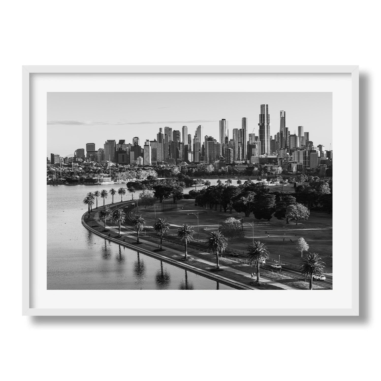 Monochrome Melbourne Skyline over Albert Park II Framed Print - Australia by Peter Yan Studio