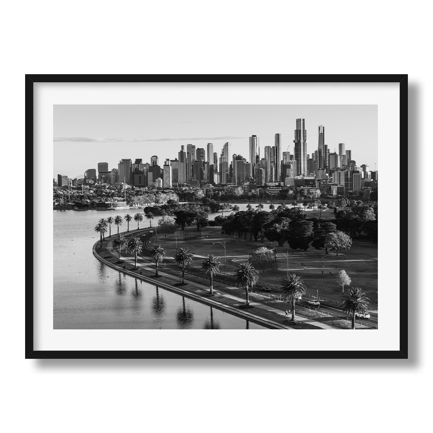 Monochrome Melbourne Skyline over Albert Park II Framed Print - Australia by Peter Yan Studio