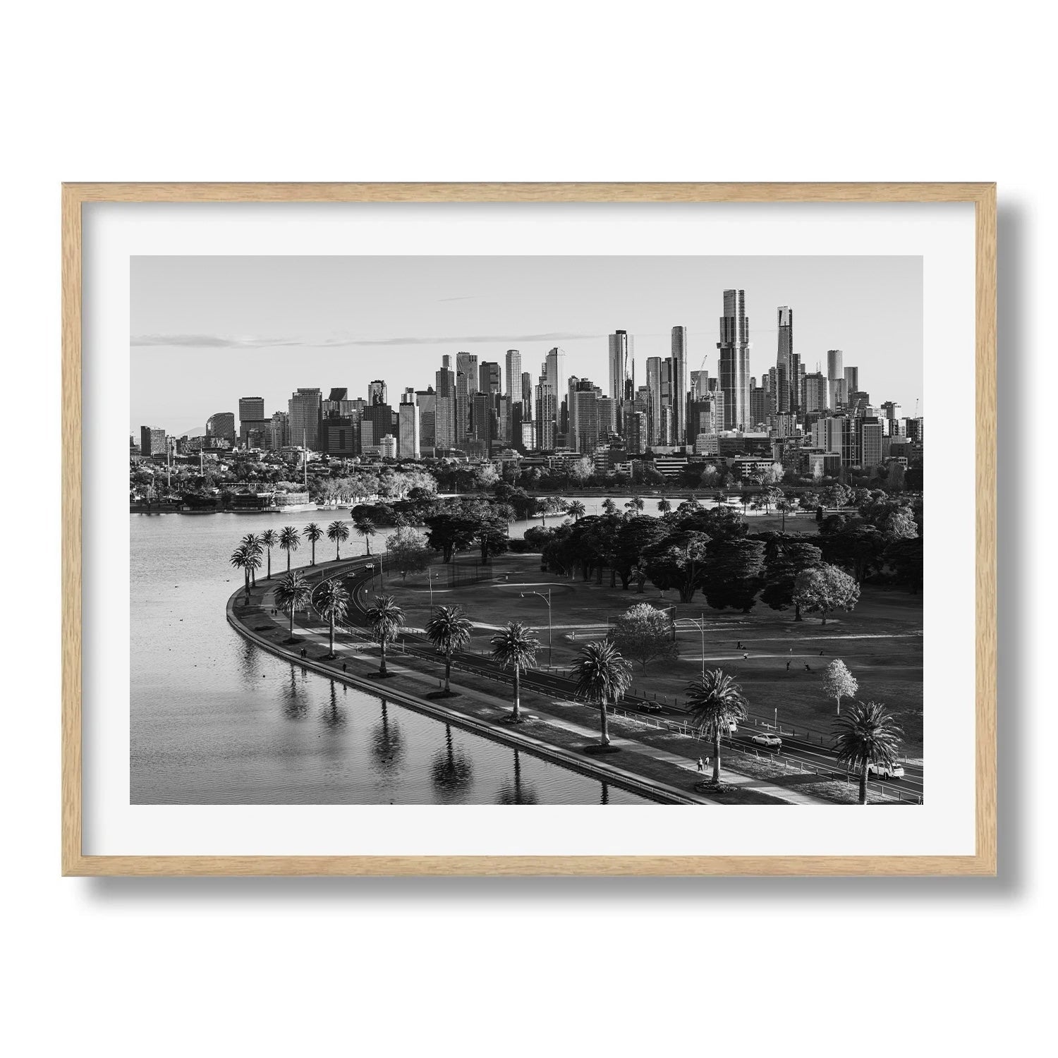Monochrome Melbourne Skyline over Albert Park II Framed Print - Australia by Peter Yan Studio