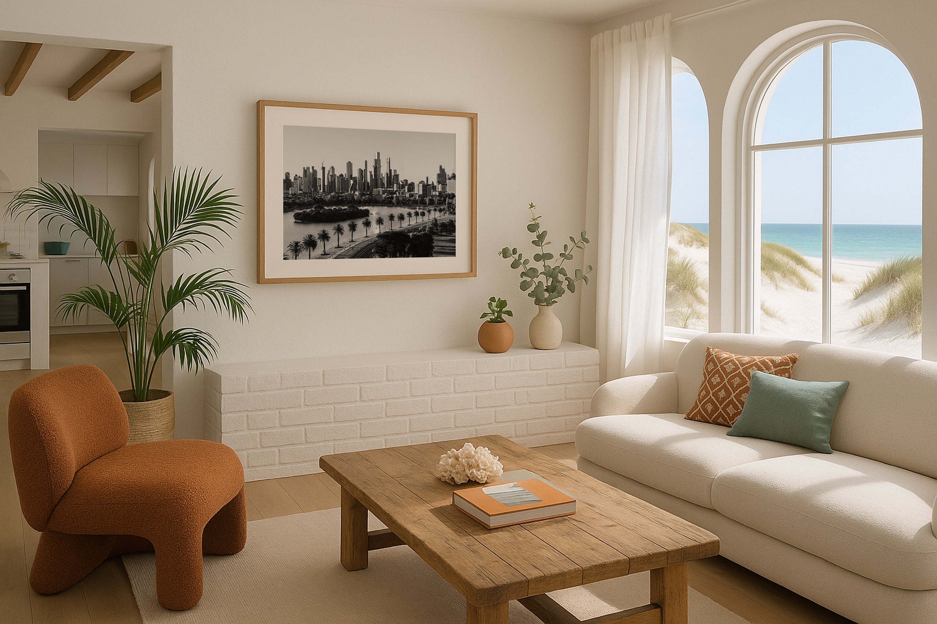 Monochrome Melbourne Skyline over Albert Park Framed Print - Australia by Peter Yan Studio