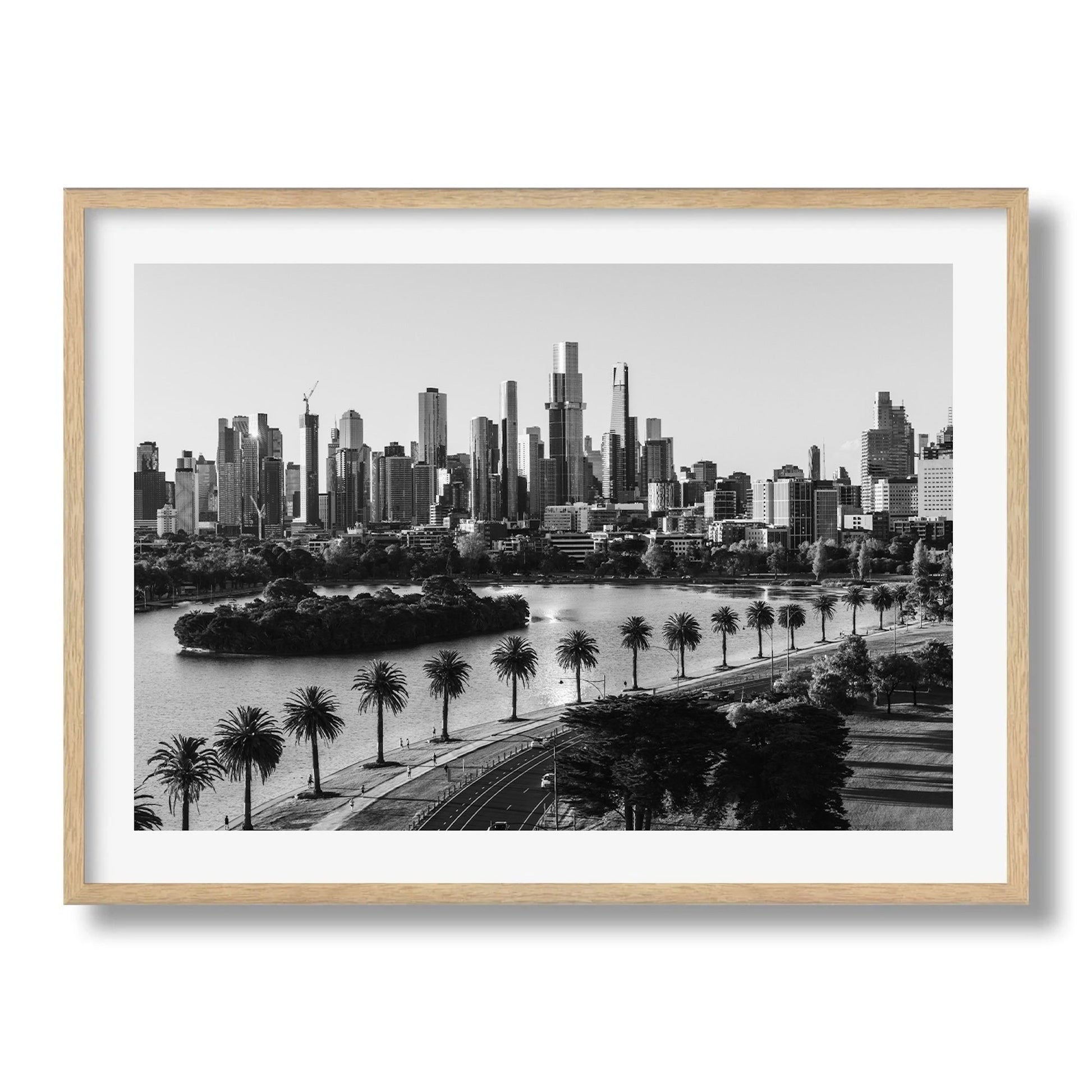 Monochrome Melbourne Skyline over Albert Park Framed Print - Australia by Peter Yan Studio