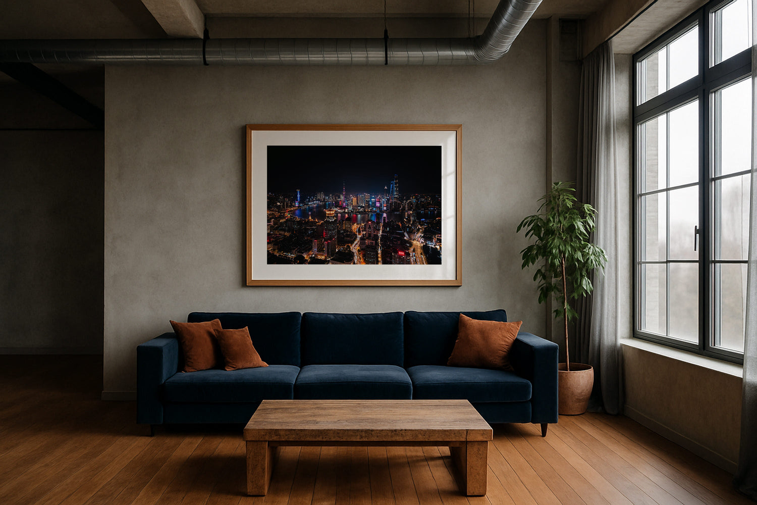 Shanghai Illuminated: A Night View from Above Framed Print - Aerial by Peter Yan Studio