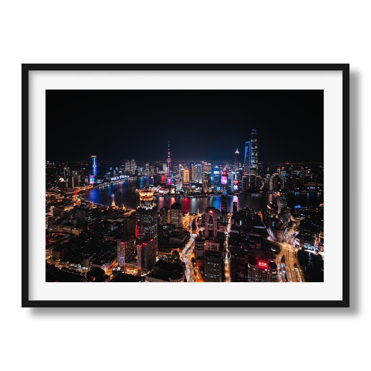 Shanghai Illuminated: A Night View from Above Framed Print - Aerial by Peter Yan Studio